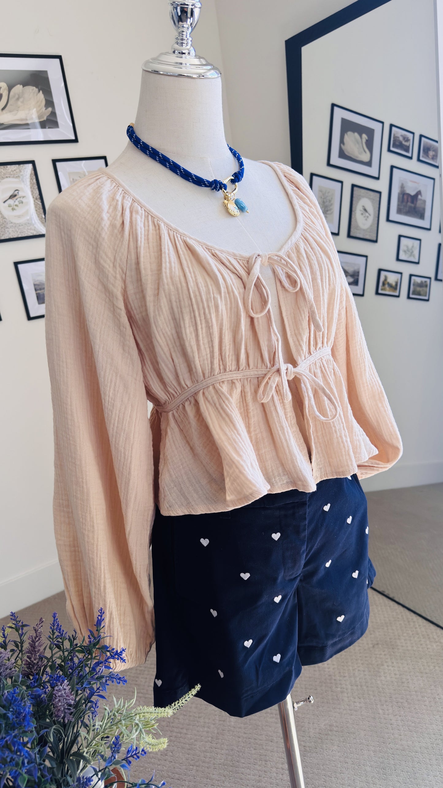Peach Gauze Tie-Front Peasant Blouse - Size S