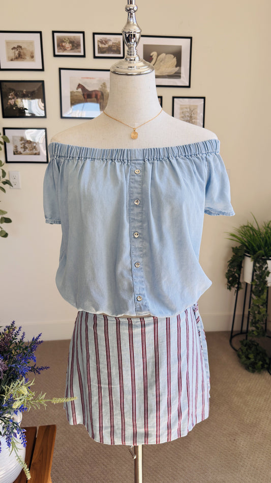 Off-the-Shoulder Chambray Top and Striped Mini Skirt Set - Size S