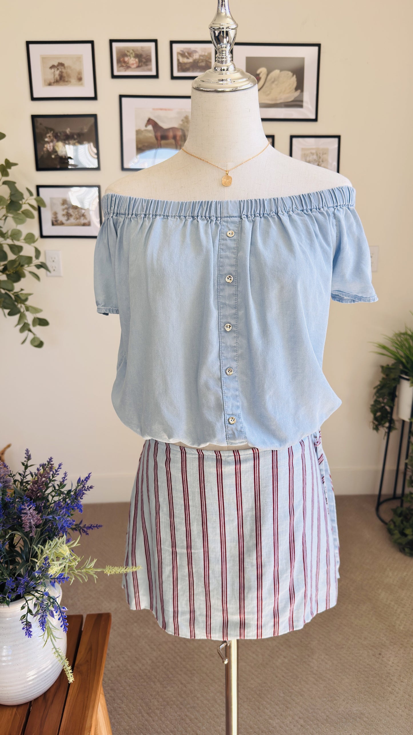 Off-the-Shoulder Chambray Top and Striped Mini Skirt Set - Size S