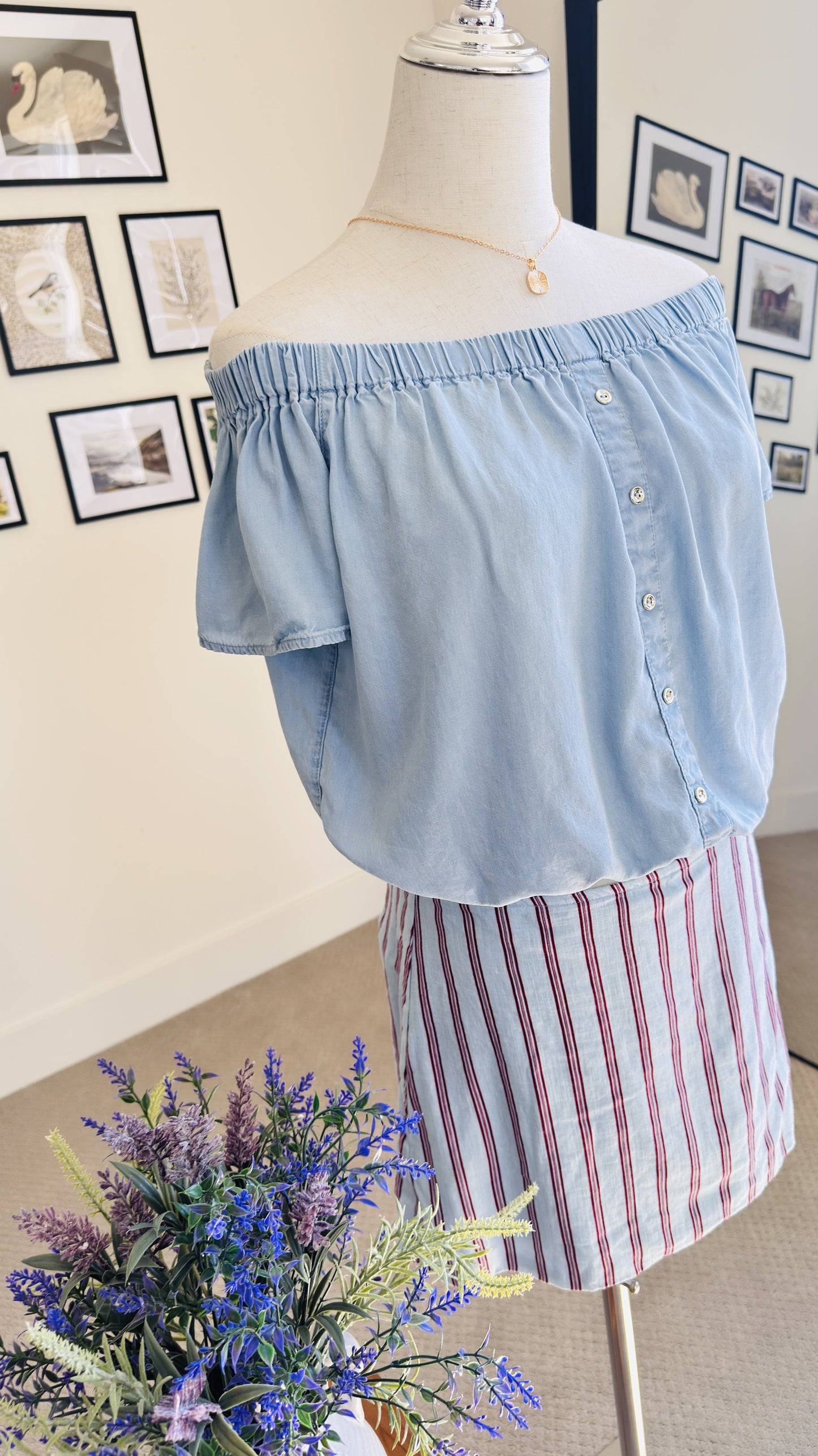 Off-the-Shoulder Chambray Top and Striped Mini Skirt Set - Size S