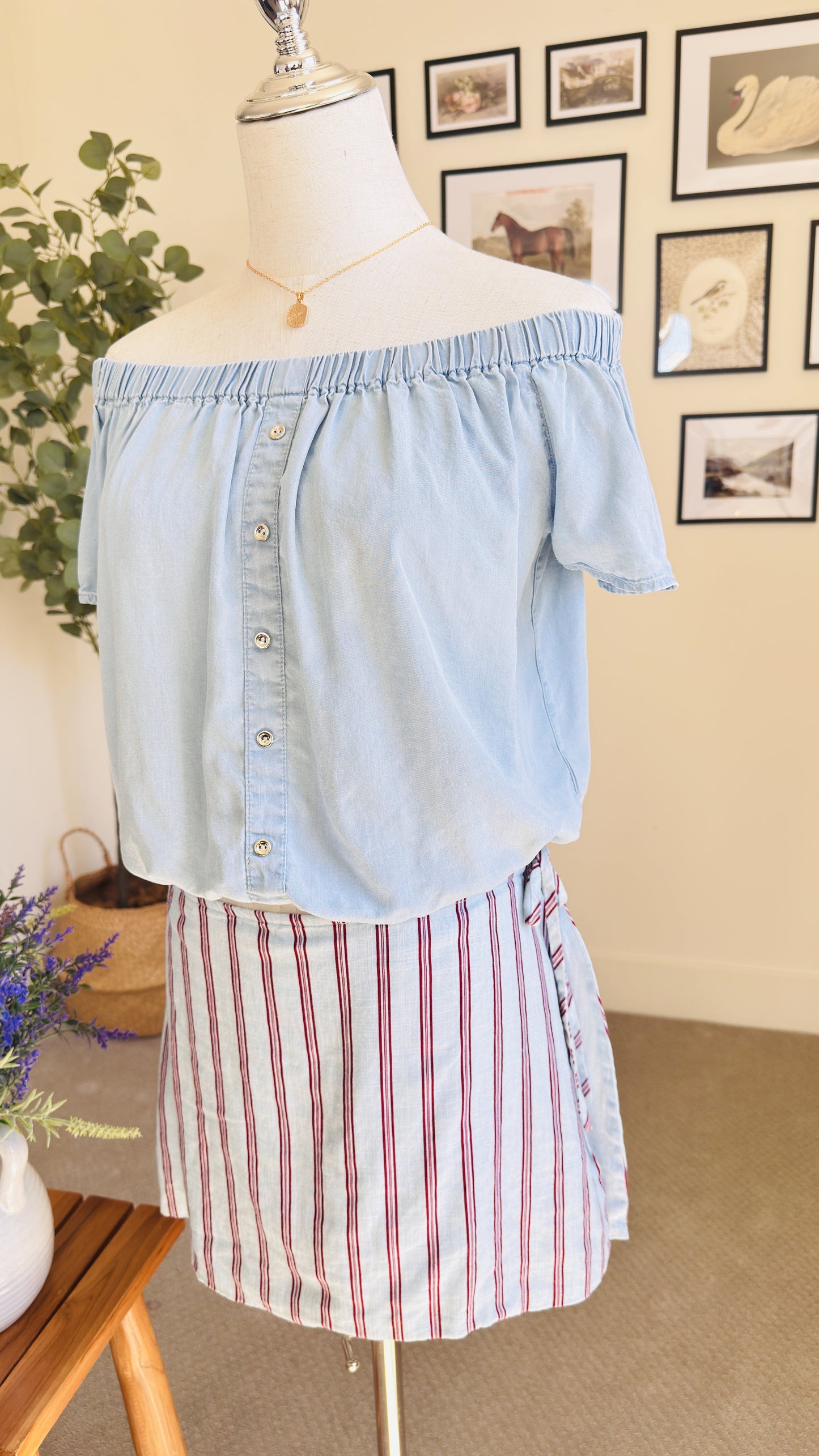 Off-the-Shoulder Chambray Top and Striped Mini Skirt Set - Size S