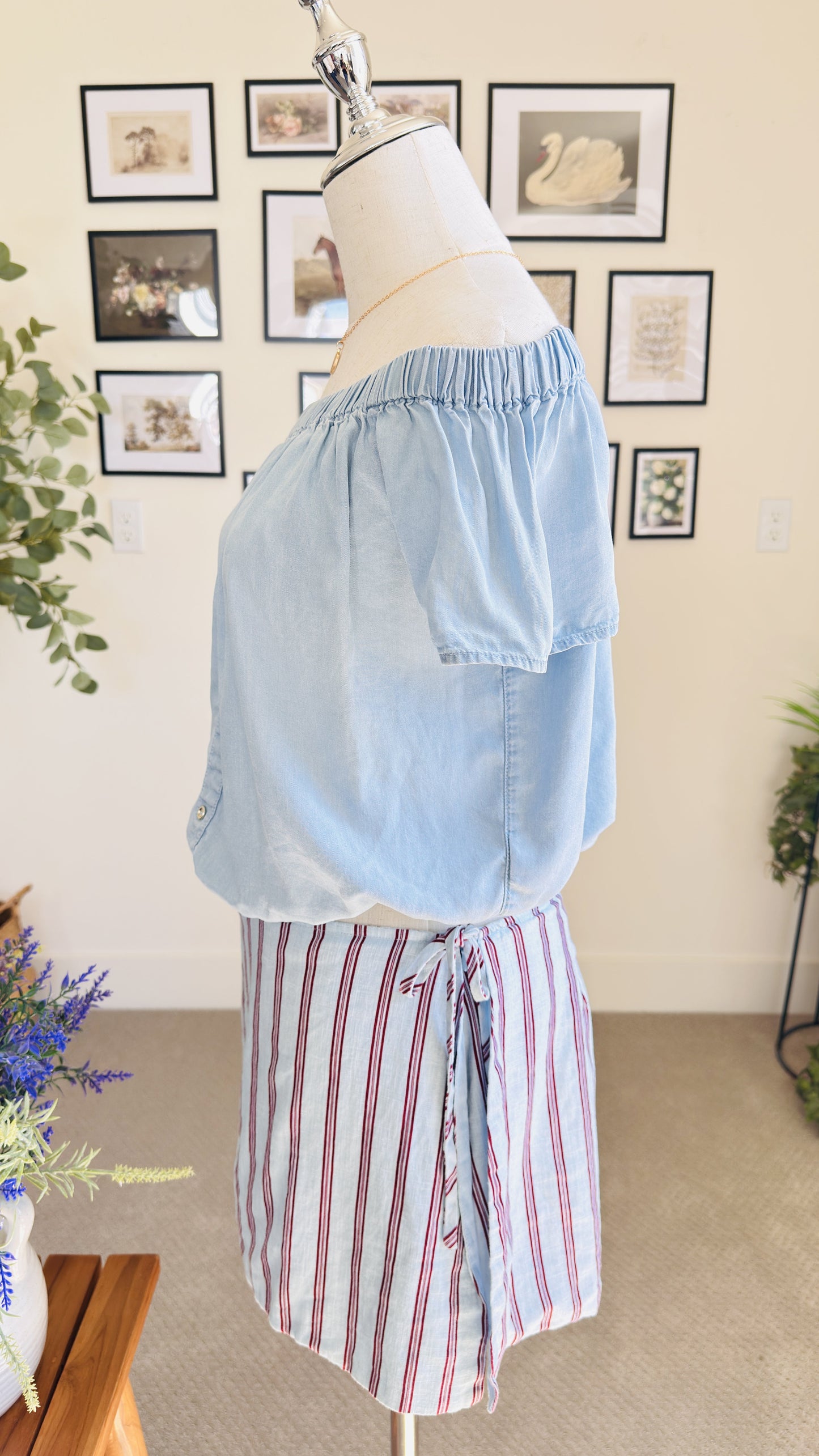 Off-the-Shoulder Chambray Top and Striped Mini Skirt Set - Size S