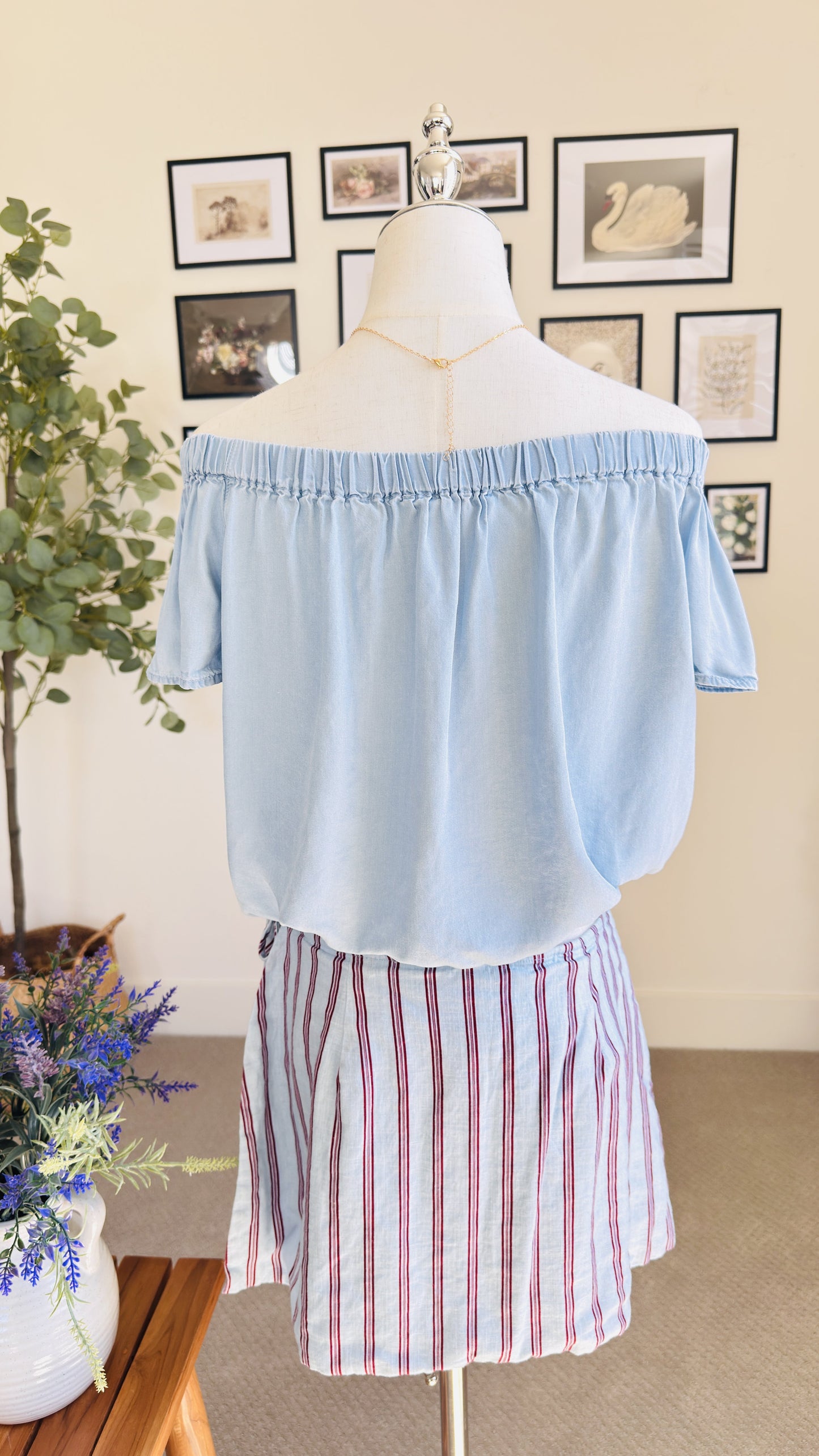 Off-the-Shoulder Chambray Top and Striped Mini Skirt Set - Size S