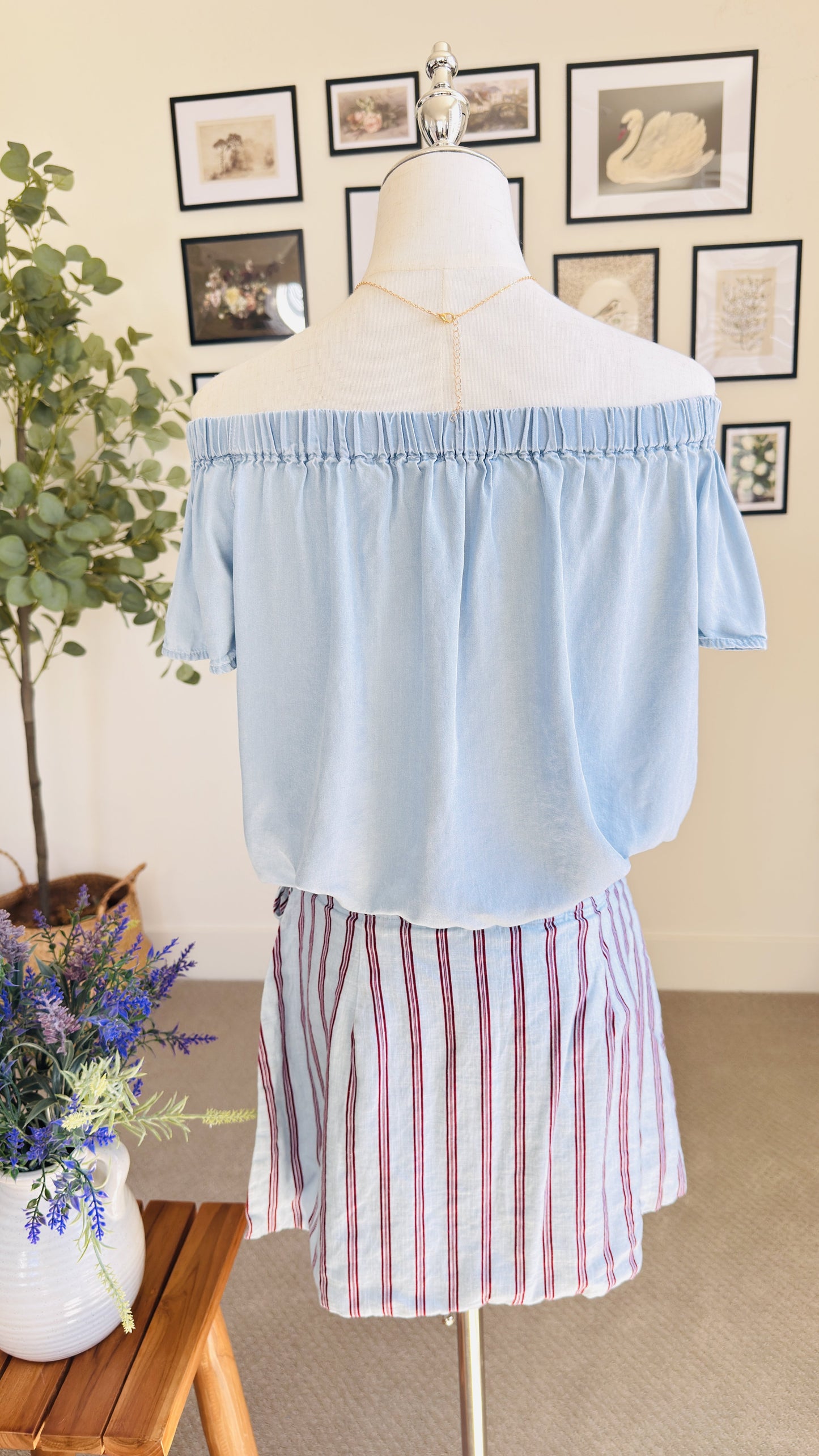 Off-the-Shoulder Chambray Top and Striped Mini Skirt Set - Size S