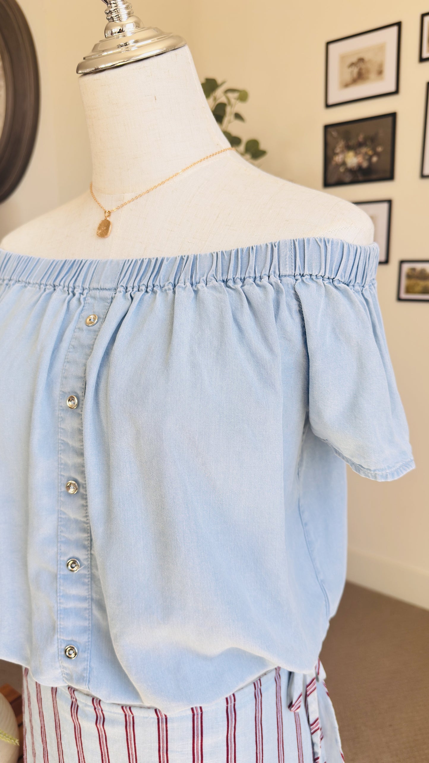 Off-the-Shoulder Chambray Top and Striped Mini Skirt Set - Size S