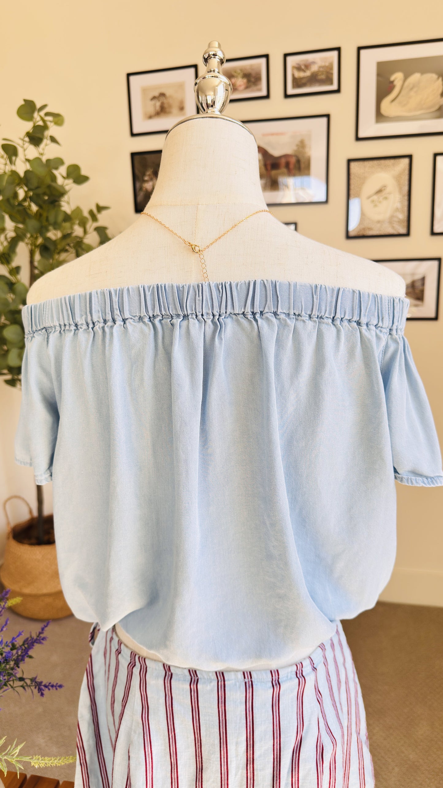 Off-the-Shoulder Chambray Top and Striped Mini Skirt Set - Size S