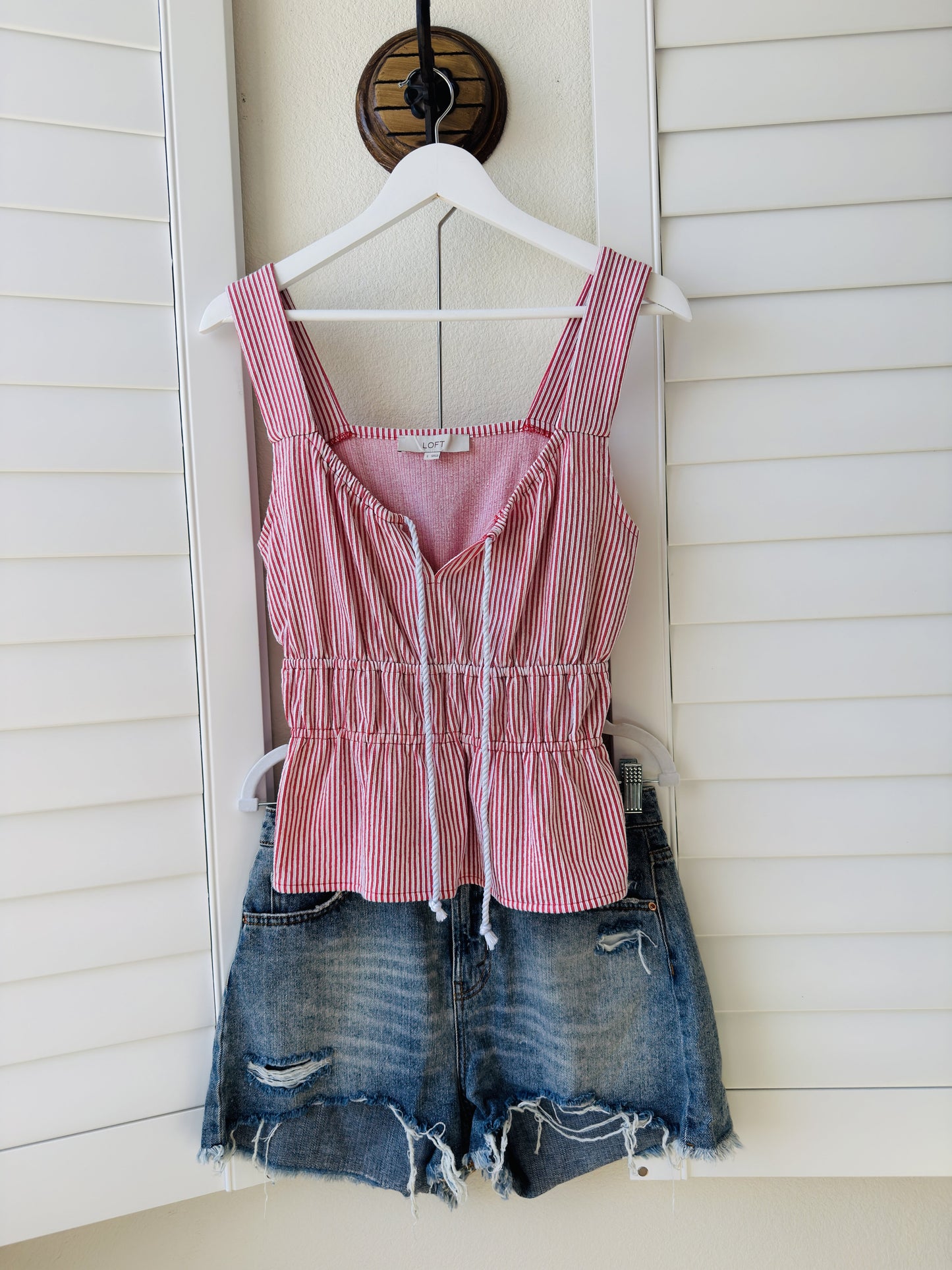 LOFT Red & White Striped Peplum Tank Top Size S