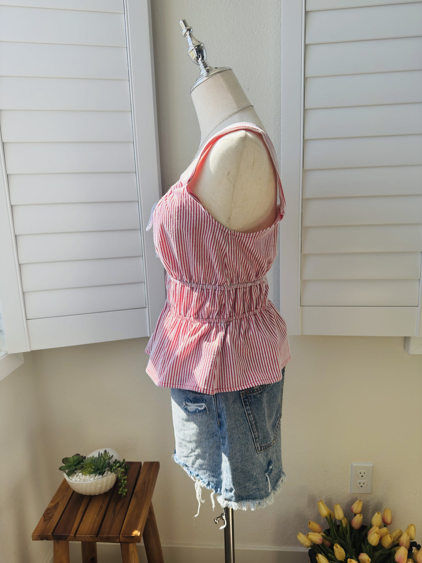 LOFT Red & White Striped Peplum Tank Top Size S