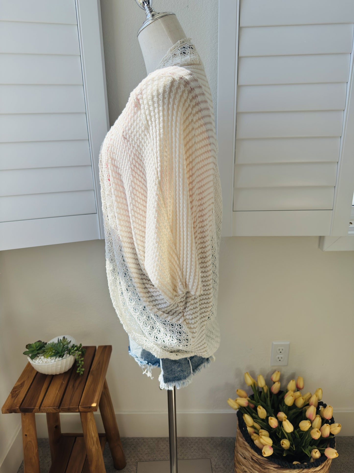 Blue Rain Cream Crochet Open Front Cardigan Size S