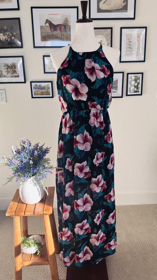 Miami Black Tropical Hibiscus Floral Halter Maxi Dress - Size S