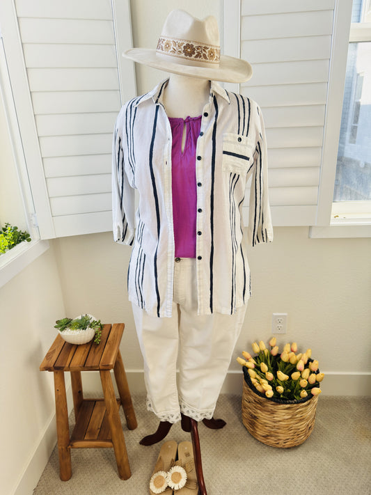 Woolworths Woman Striped Linen Blend Tunic Shirt - Size 12