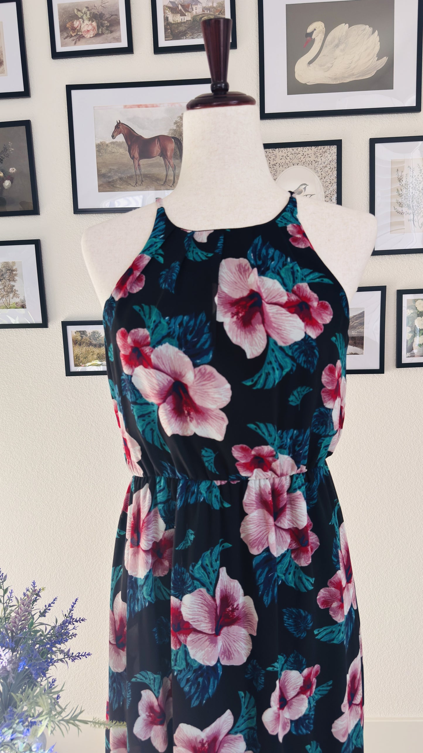 Miami Black Tropical Hibiscus Floral Halter Maxi Dress - Size S