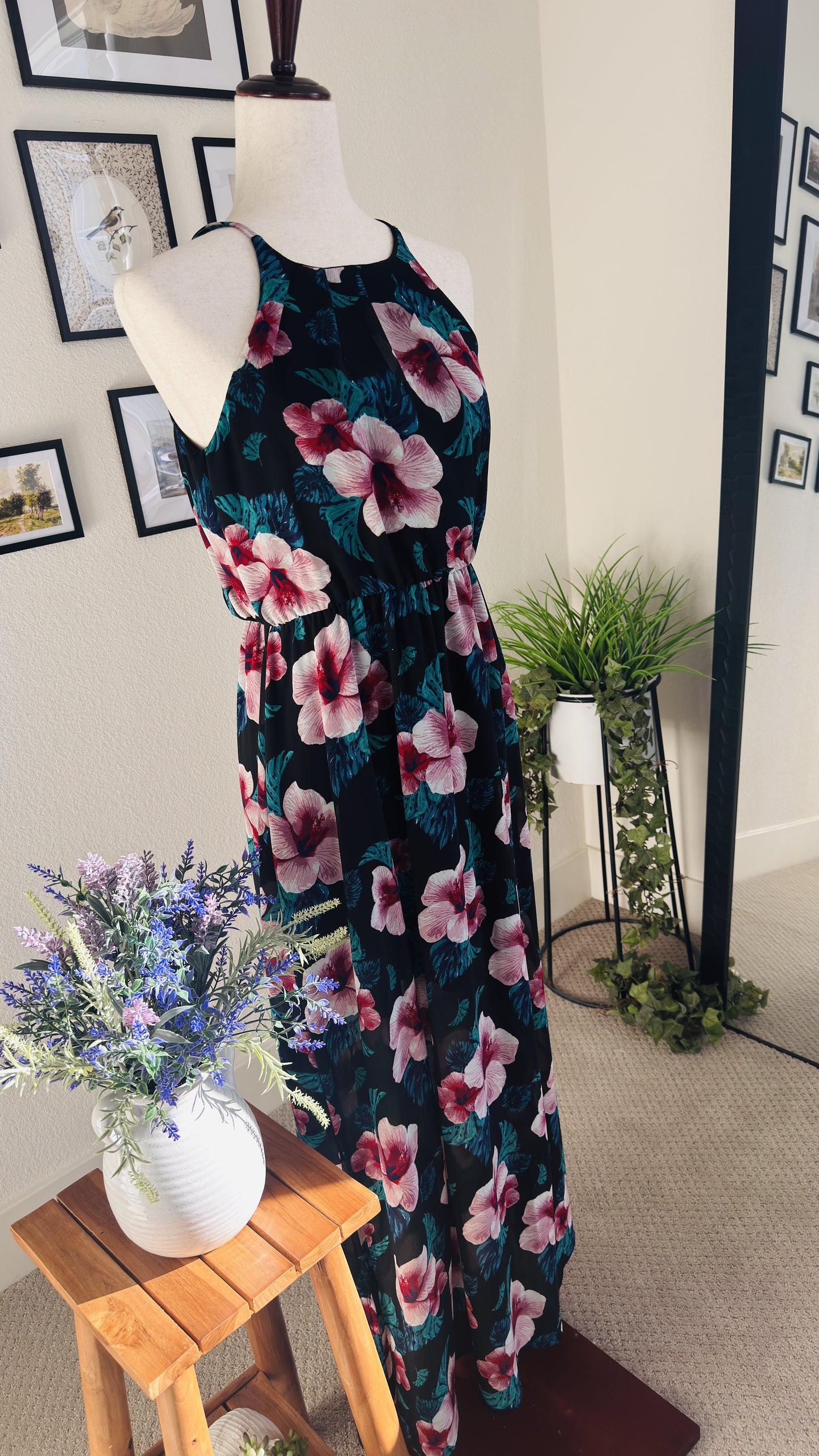 Miami Black Tropical Hibiscus Floral Halter Maxi Dress - Size S