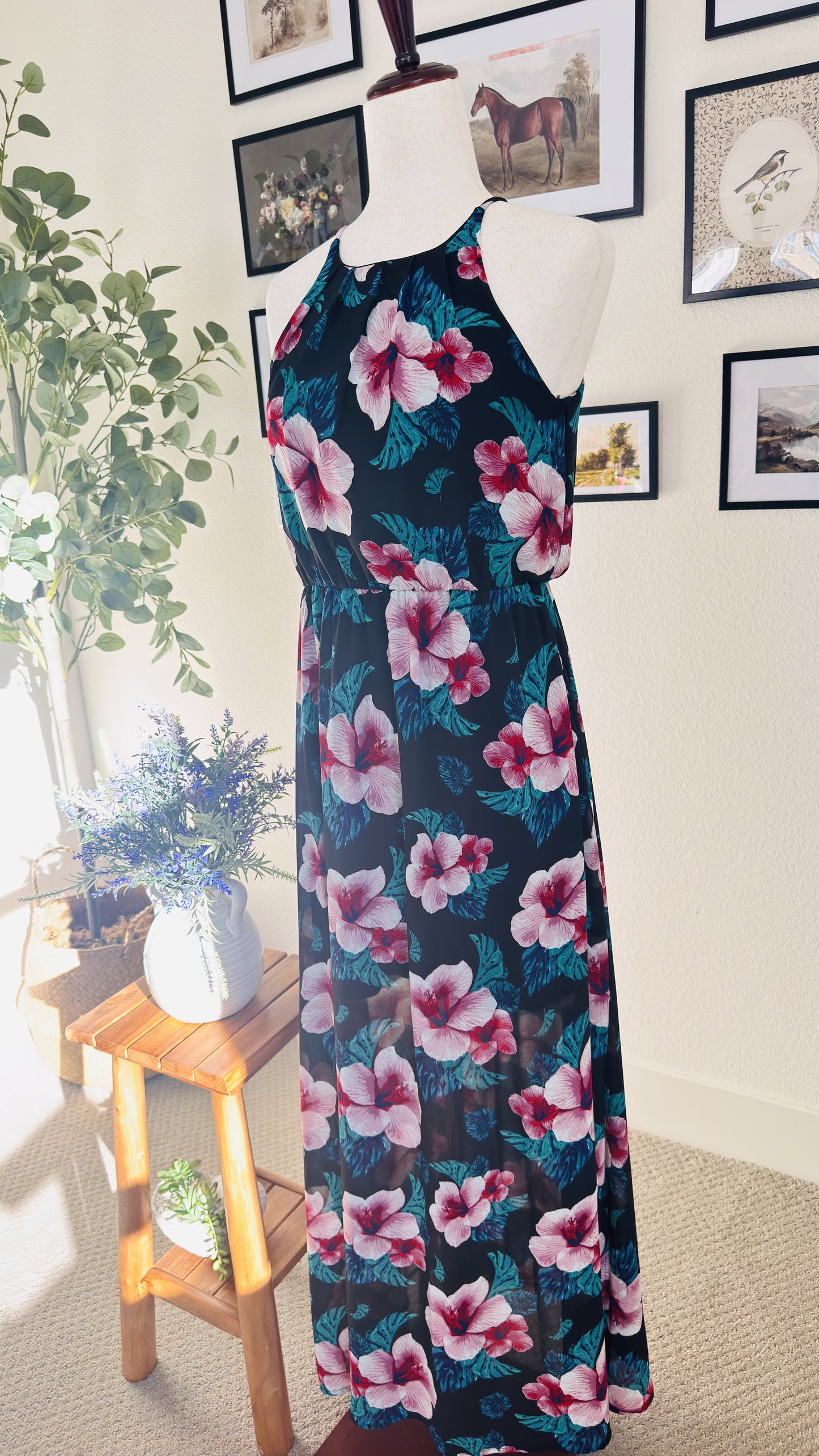Miami Black Tropical Hibiscus Floral Halter Maxi Dress - Size S