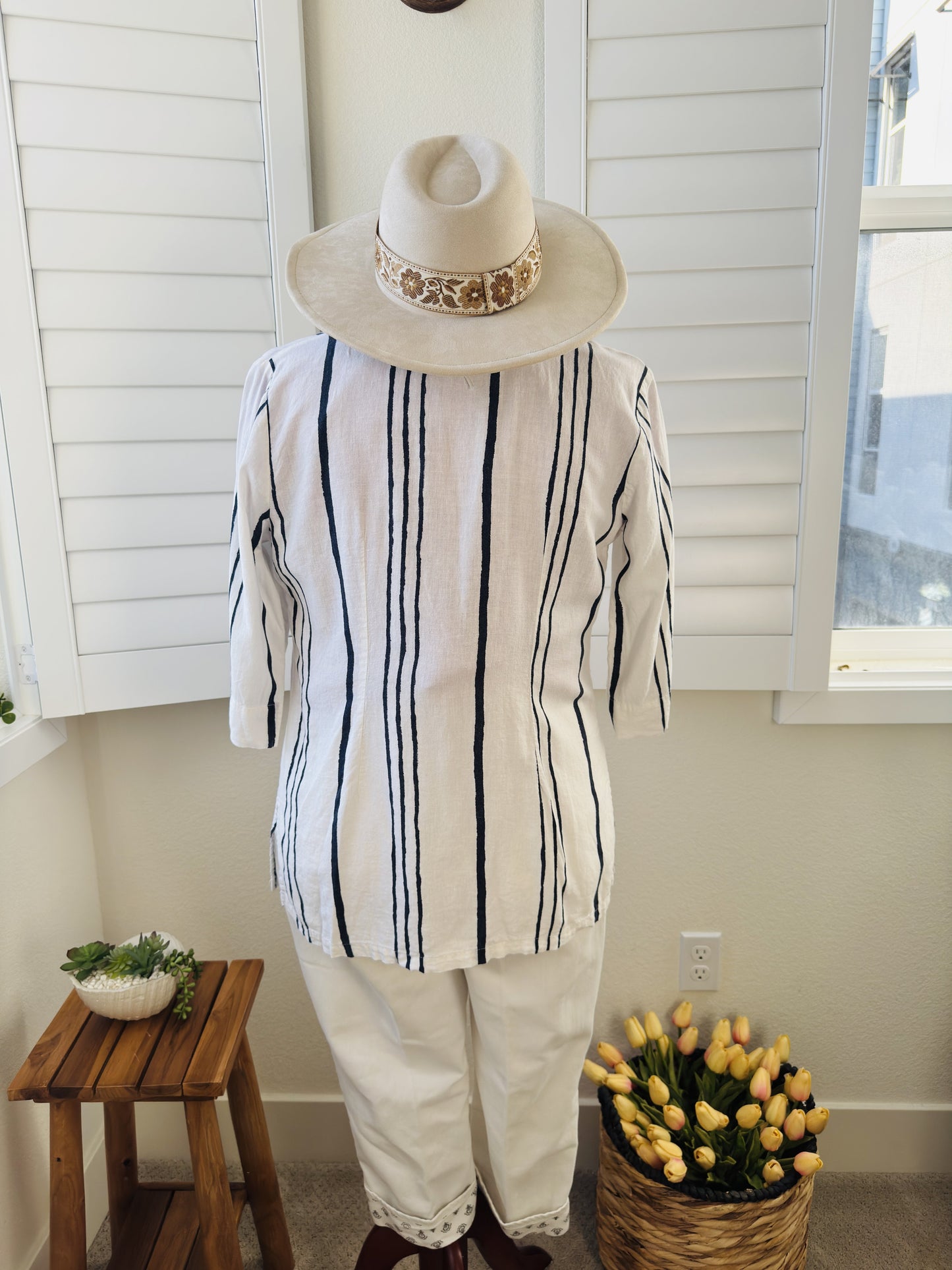 Woolworths Woman Striped Linen Blend Tunic Shirt - Size 12