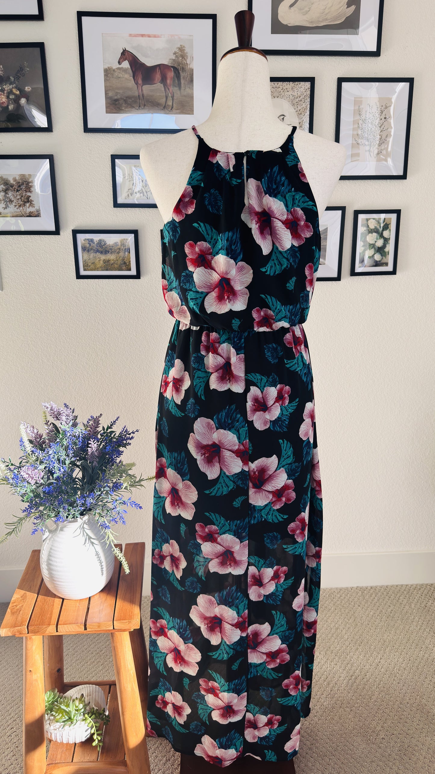 Miami Black Tropical Hibiscus Floral Halter Maxi Dress - Size S