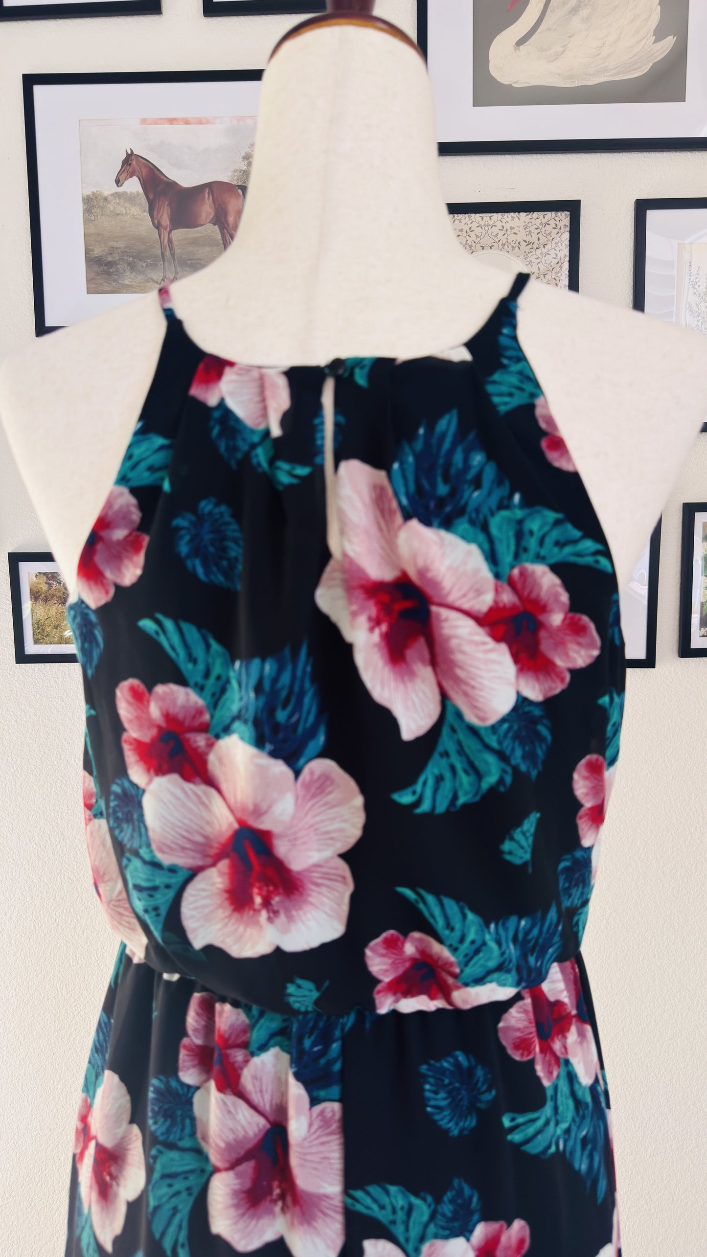Miami Black Tropical Hibiscus Floral Halter Maxi Dress - Size S