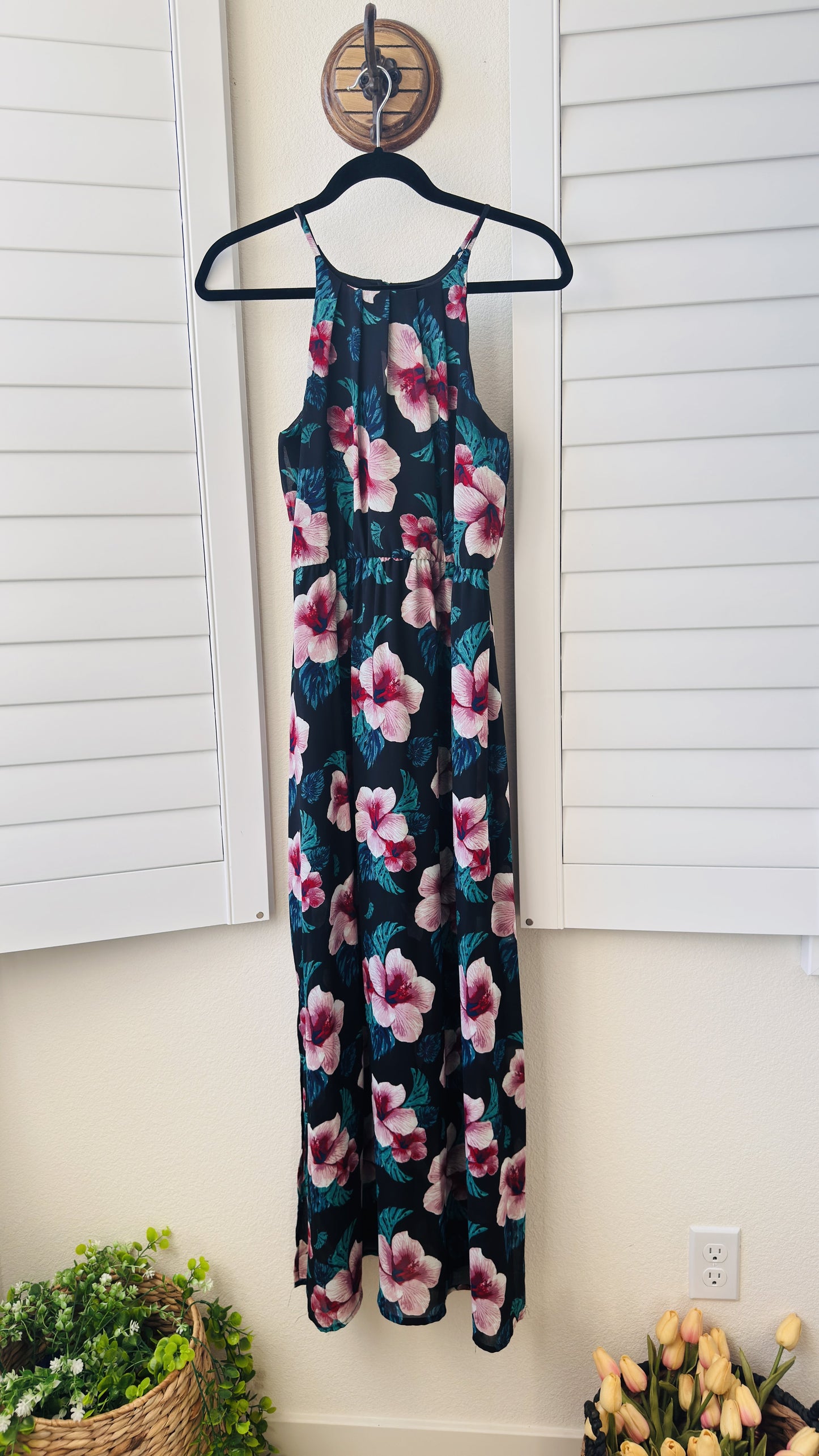 Miami Black Tropical Hibiscus Floral Halter Maxi Dress - Size S