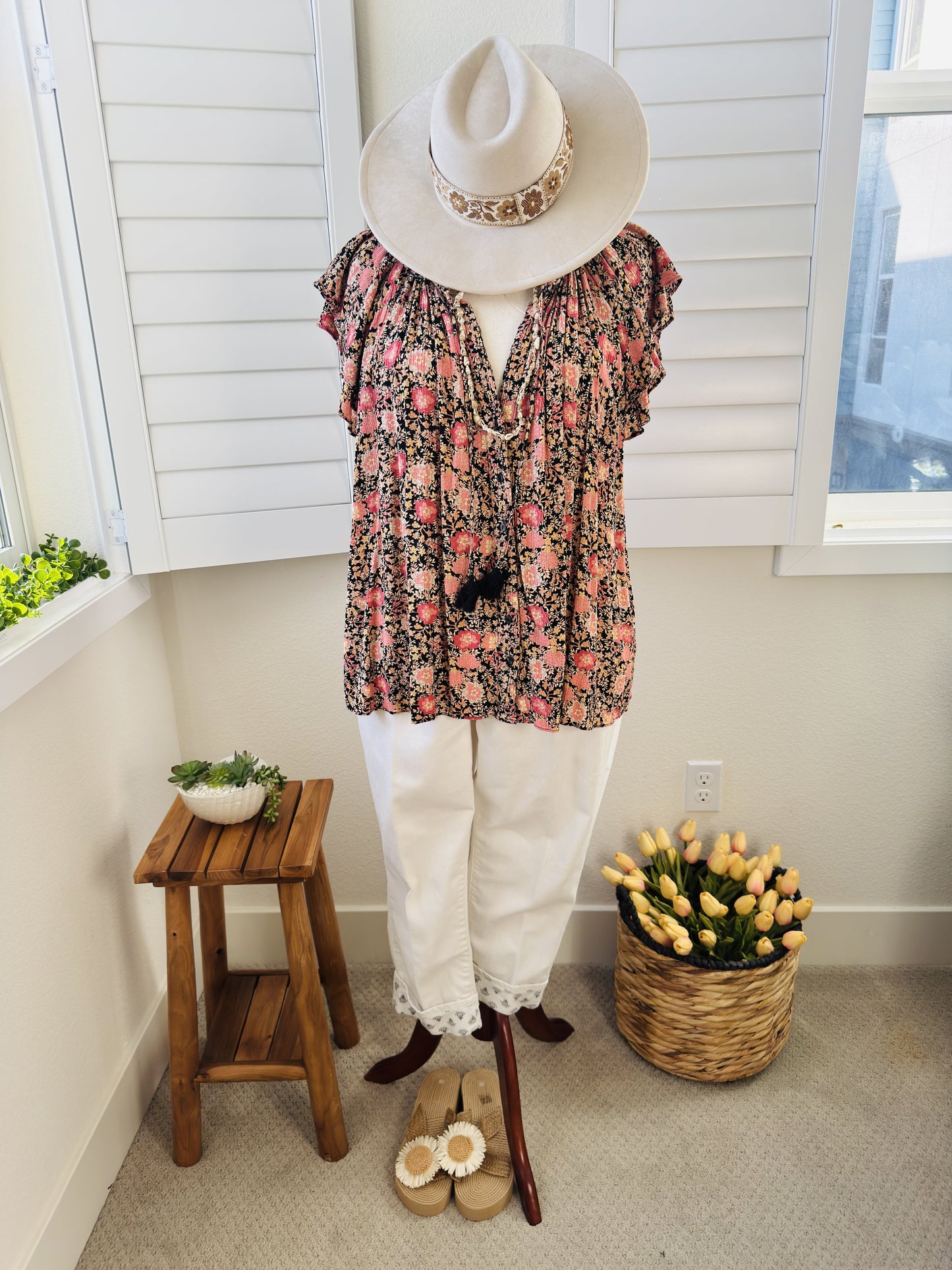 1.STATE Floral Flutter Sleeve Tassel Tie Blouse - Size 3X