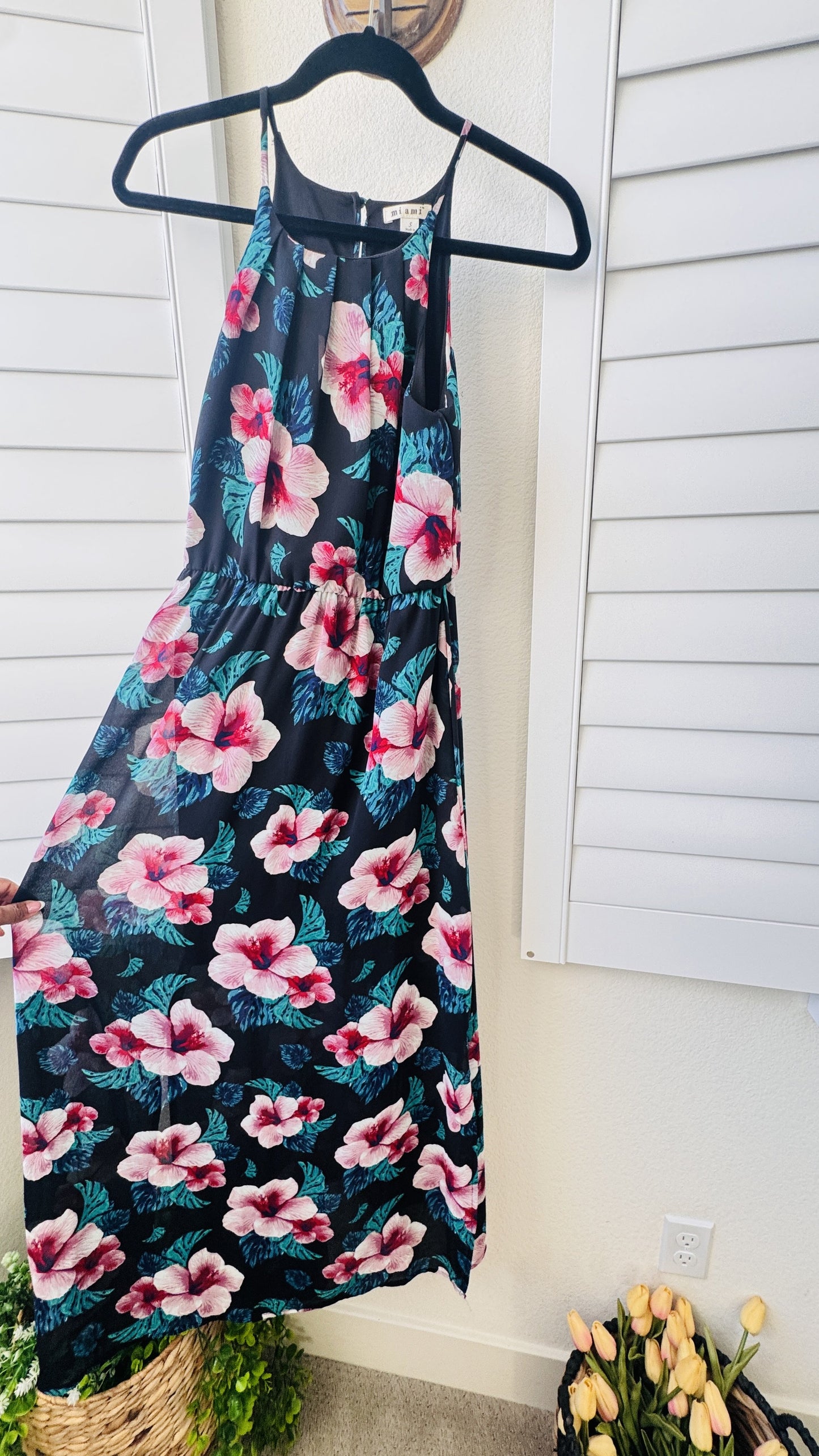Miami Black Tropical Hibiscus Floral Halter Maxi Dress - Size S