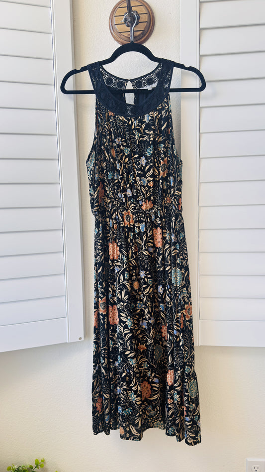 Daniel Rainn Black Floral Halter Midi Dress with Crochet Neckline - Size M