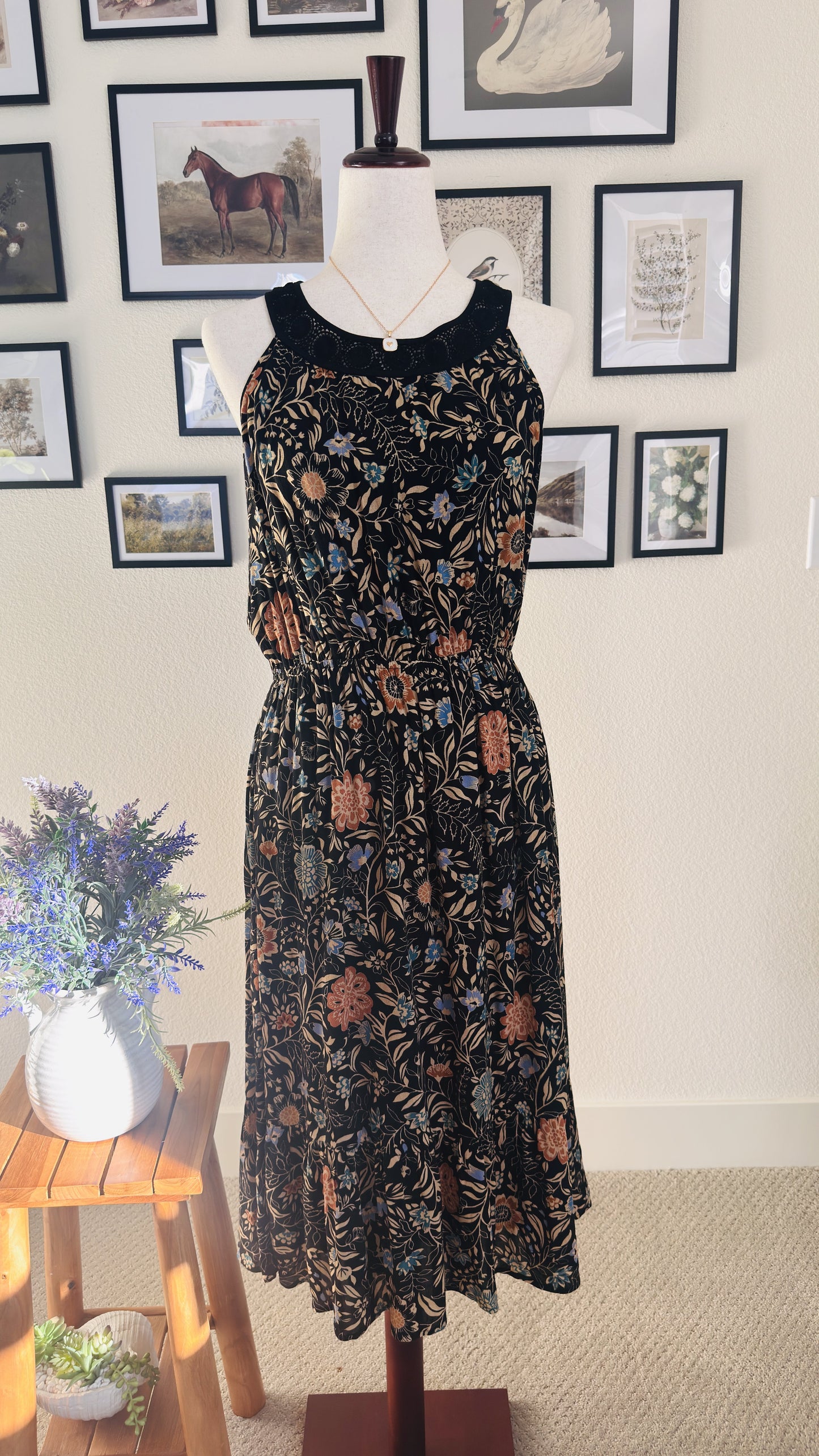 Daniel Rainn Black Floral Halter Midi Dress with Crochet Neckline - Size M