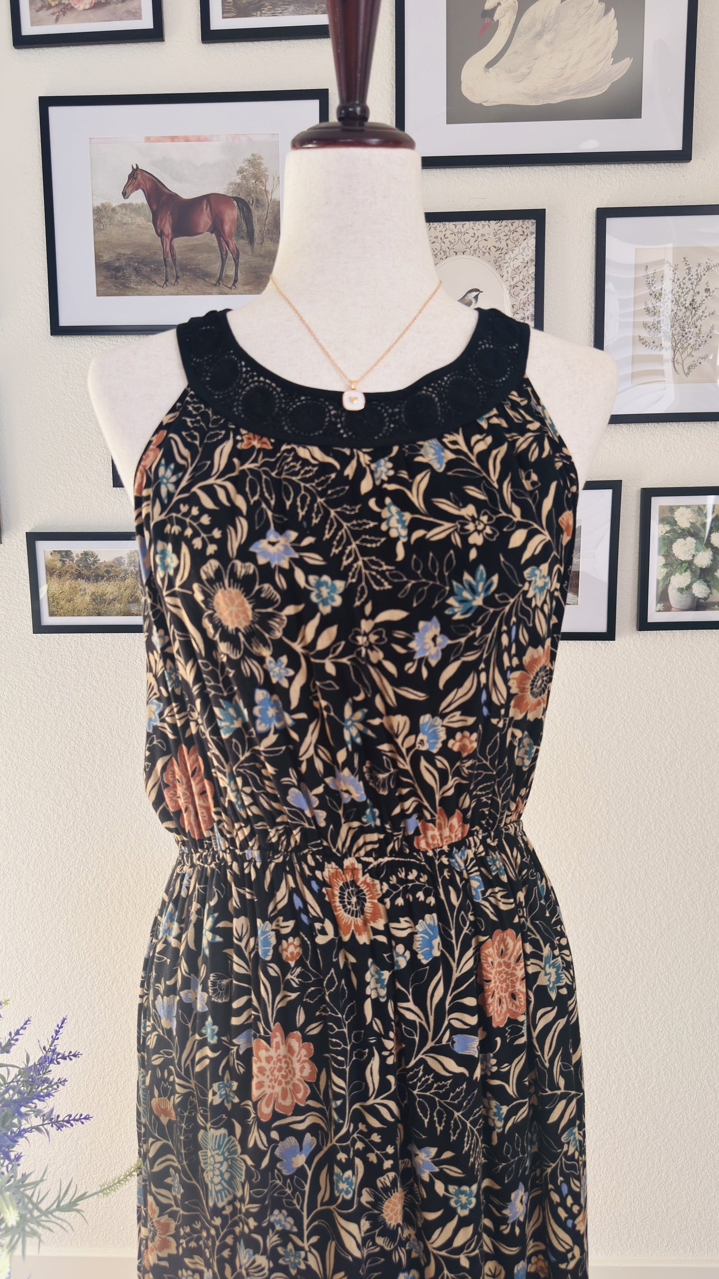 Daniel Rainn Black Floral Halter Midi Dress with Crochet Neckline - Size M