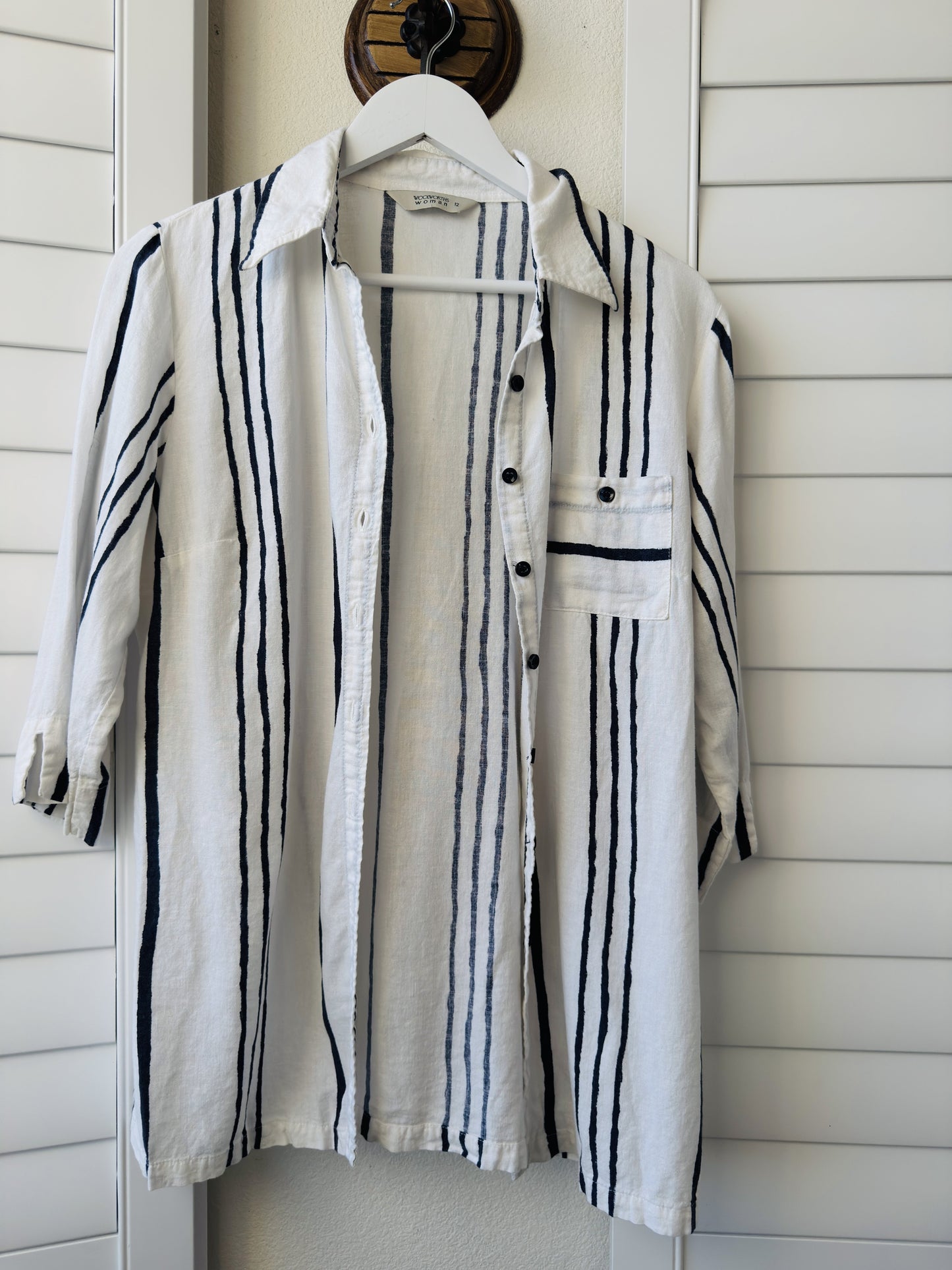 Woolworths Woman Striped Linen Blend Tunic Shirt - Size 12
