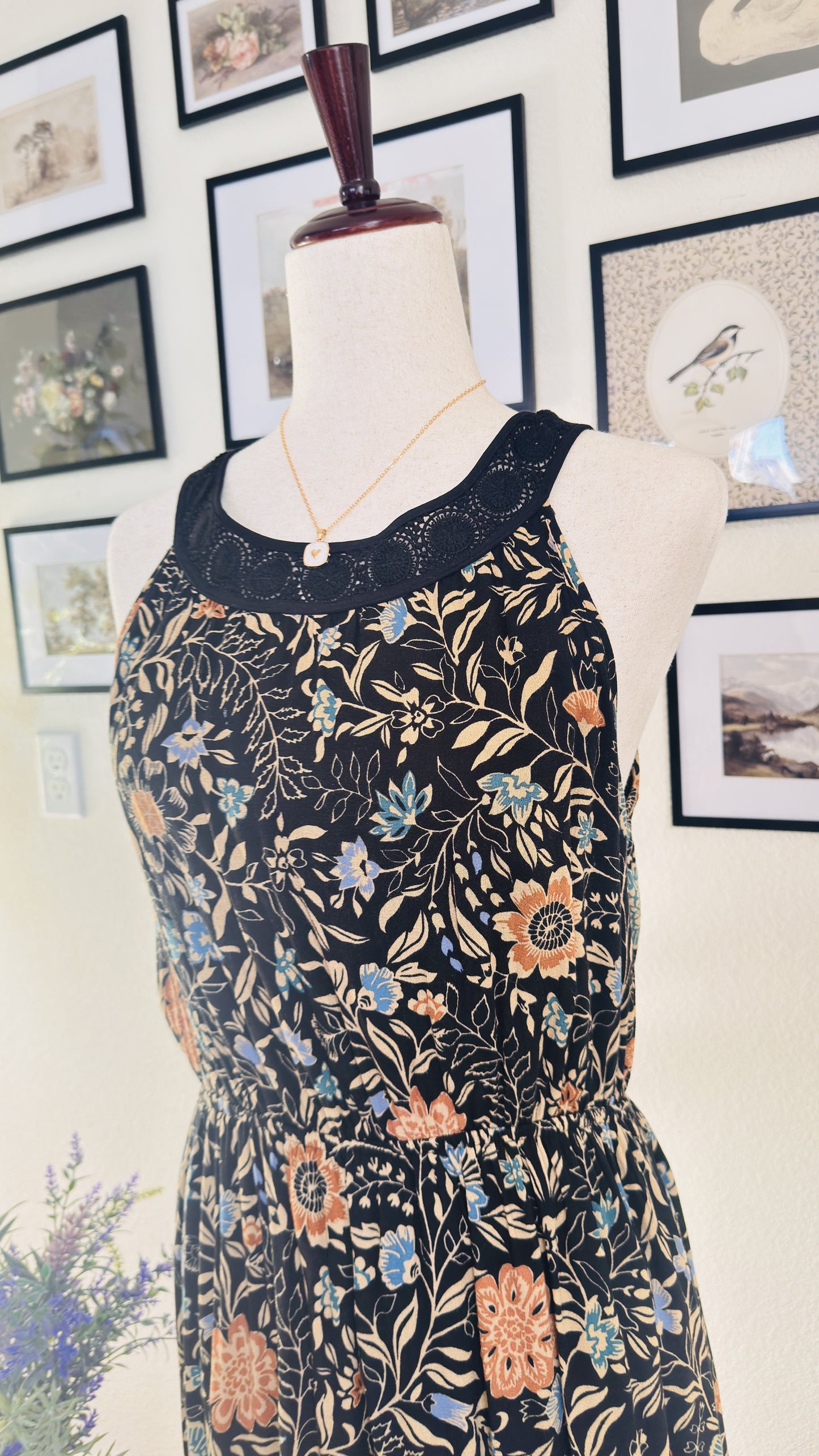 Daniel Rainn Black Floral Halter Midi Dress with Crochet Neckline - Size M