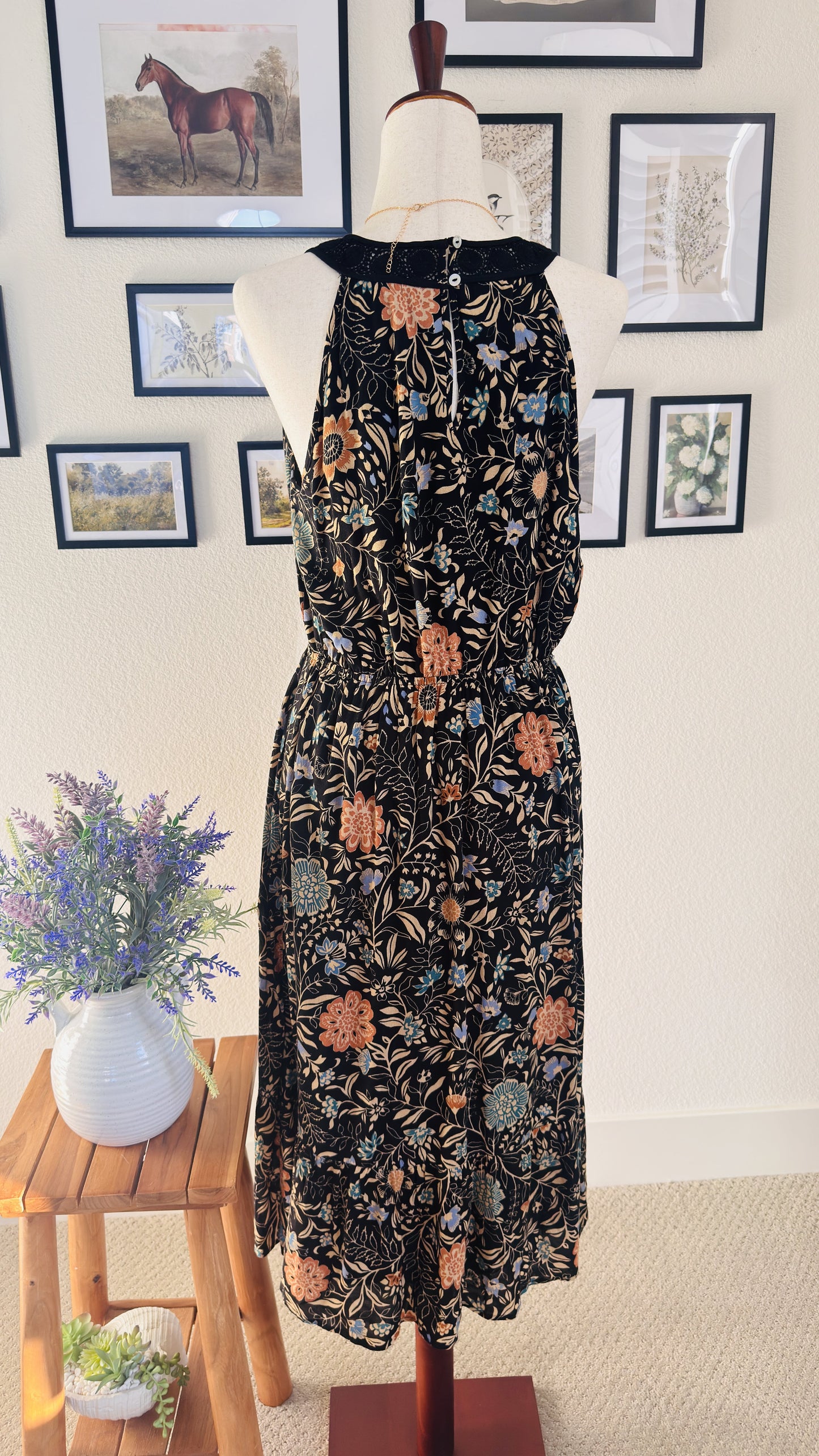Daniel Rainn Black Floral Halter Midi Dress with Crochet Neckline - Size M