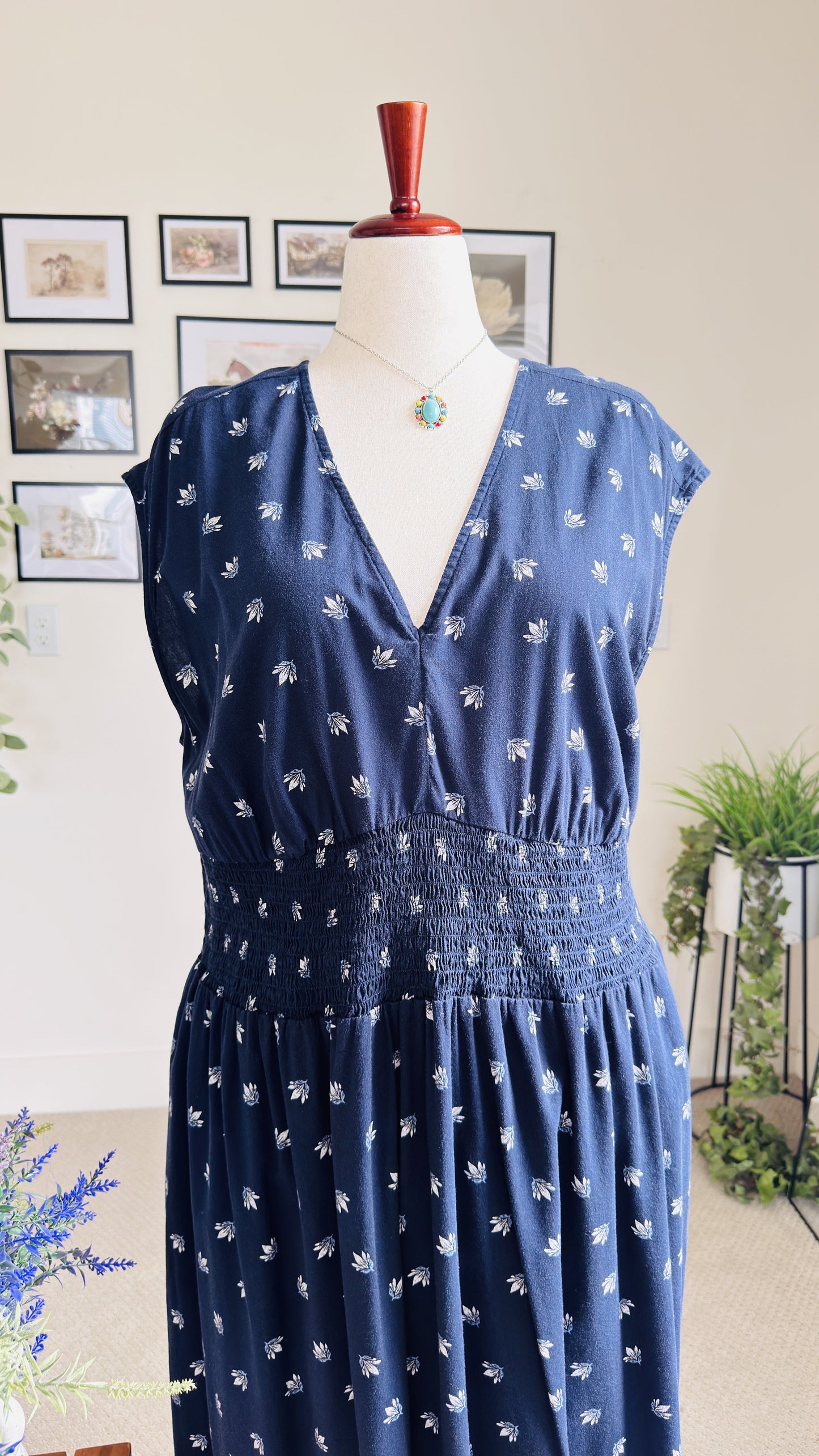 Old Navy Navy Blue Floral Smocked Waist Midi Dress - Size 2X