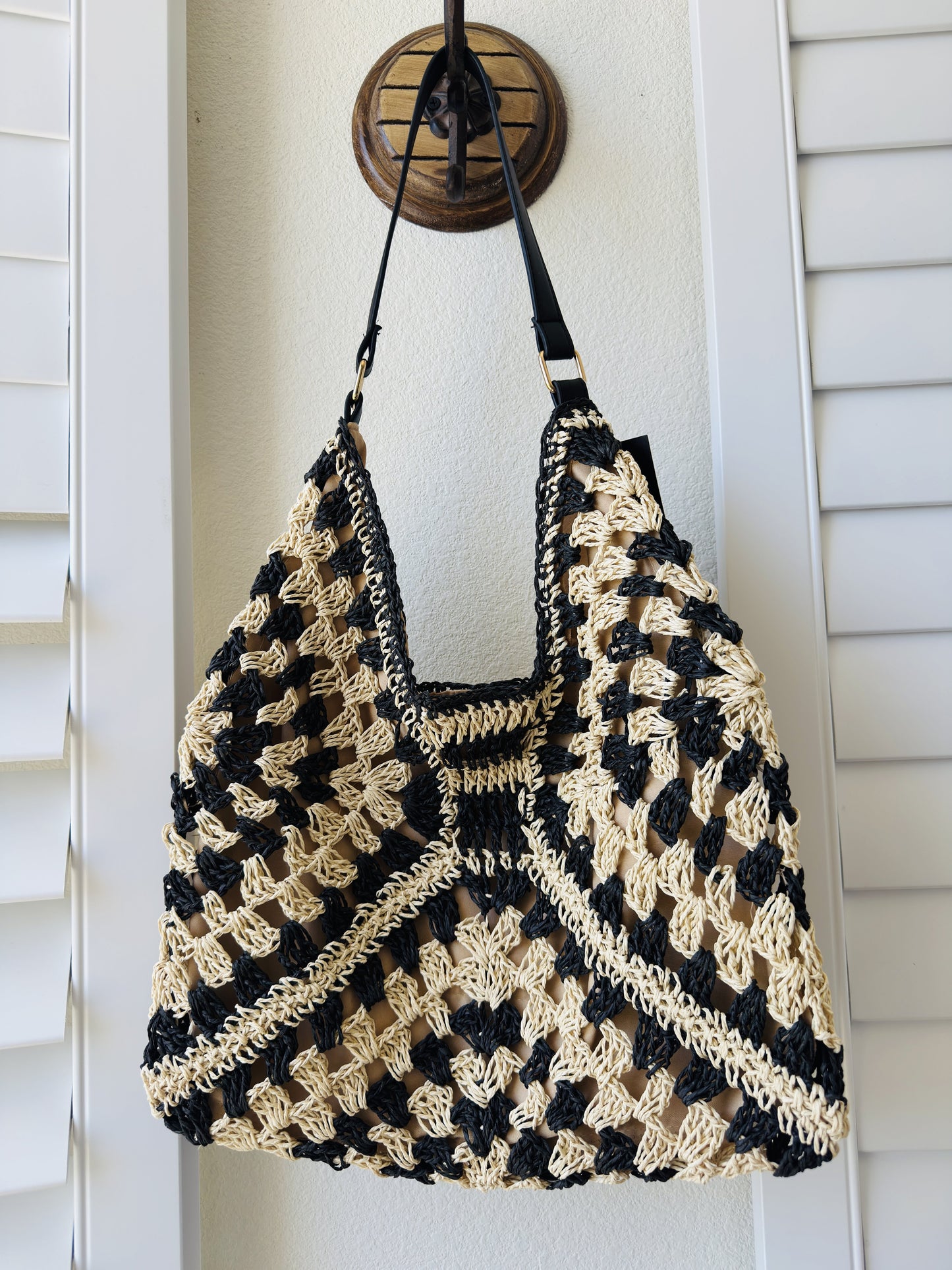 Forever 21 Black & Natural Crochet Straw Hobo Tote Bag One Size