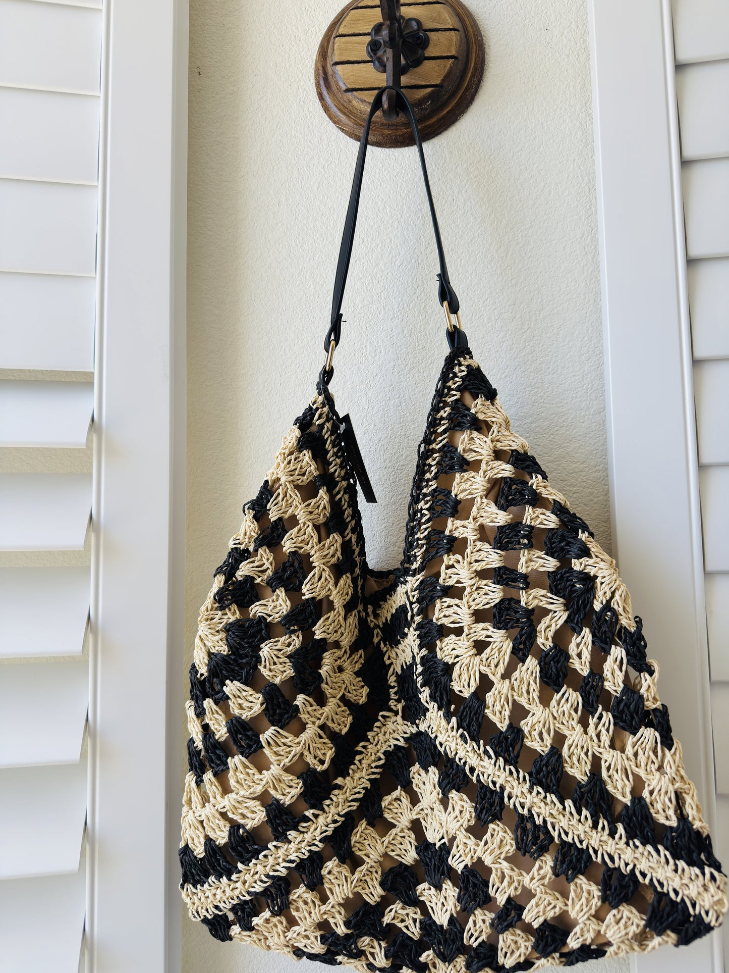 Forever 21 Black & Natural Crochet Straw Hobo Tote Bag One Size