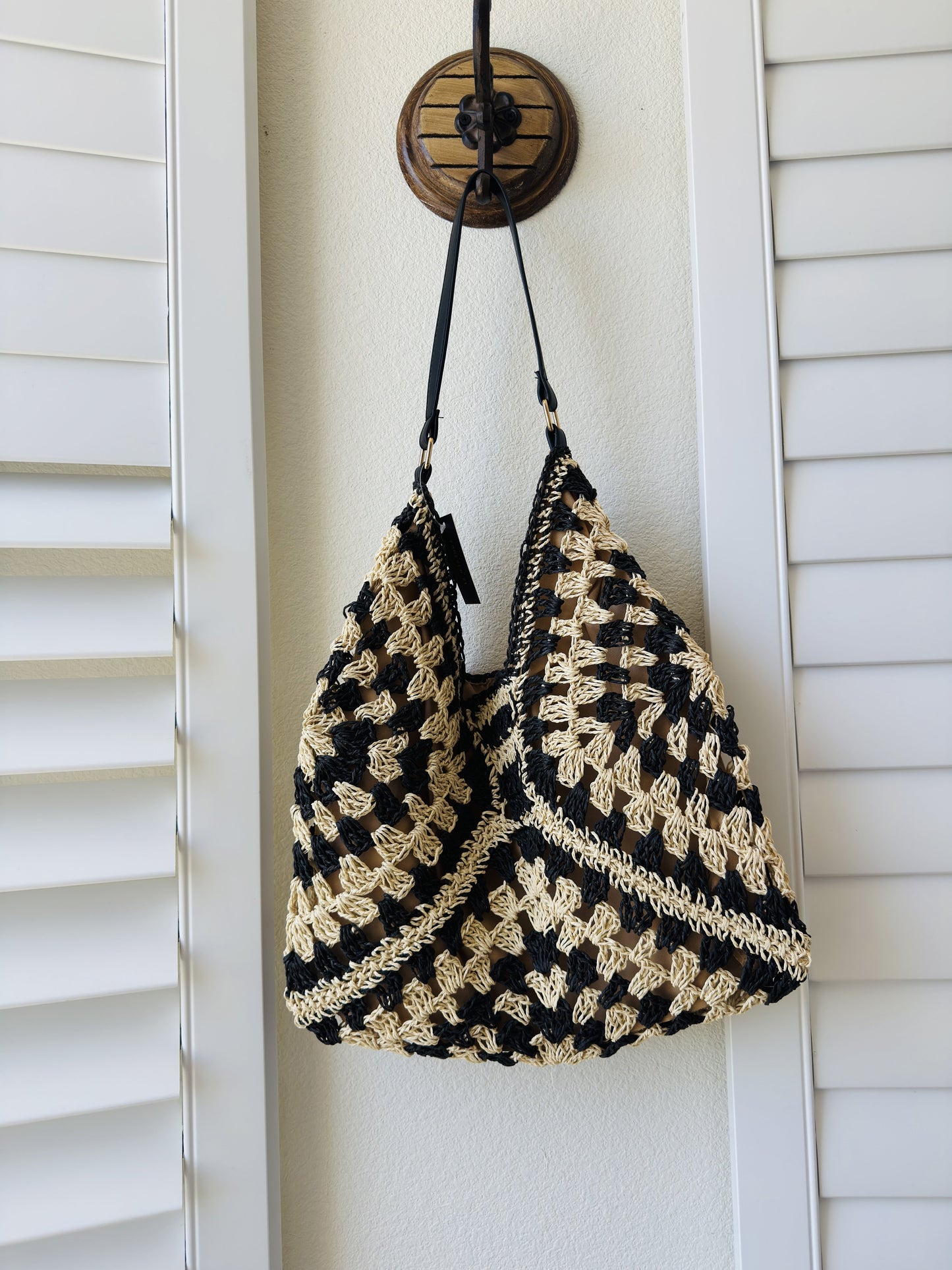 Forever 21 Black & Natural Crochet Straw Hobo Tote Bag One Size