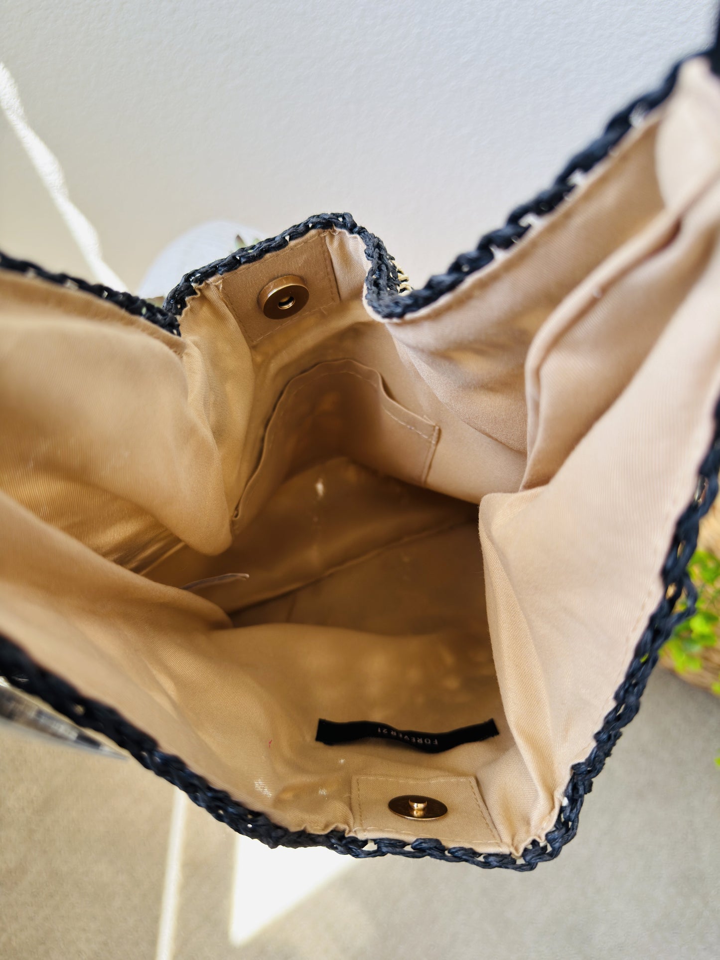 Forever 21 Black & Natural Crochet Straw Hobo Tote Bag One Size