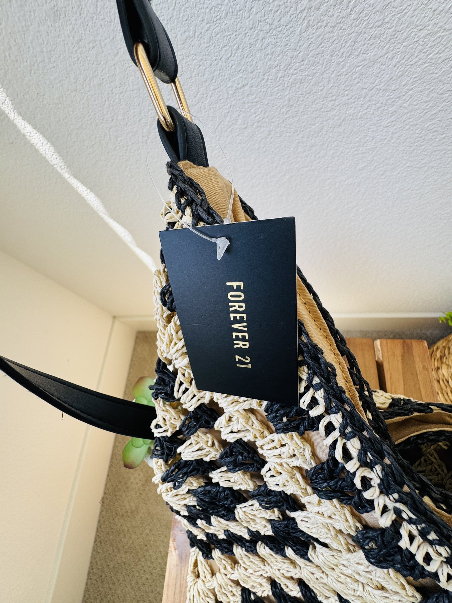 Forever 21 Black & Natural Crochet Straw Hobo Tote Bag One Size