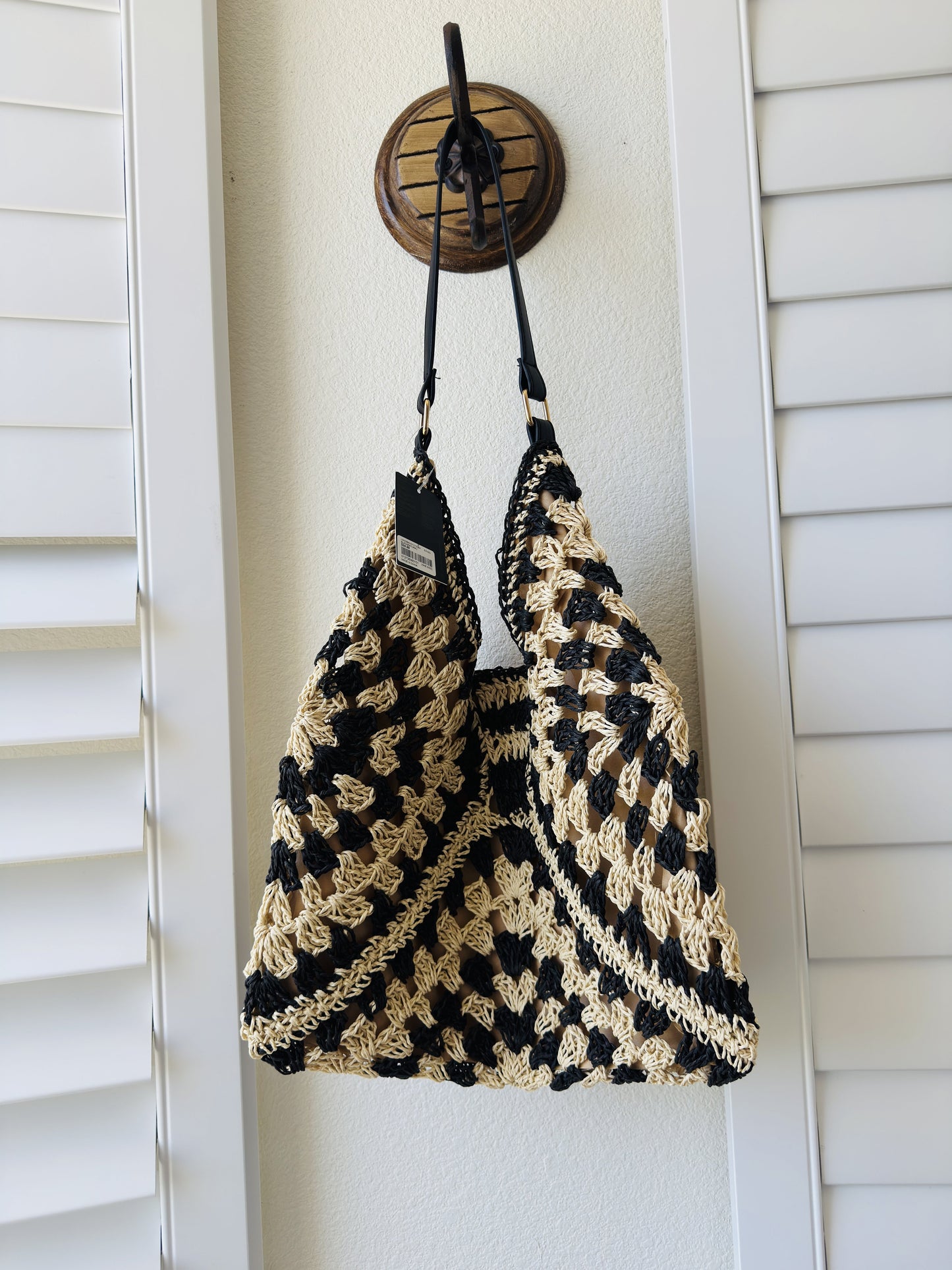 Forever 21 Black & Natural Crochet Straw Hobo Tote Bag One Size