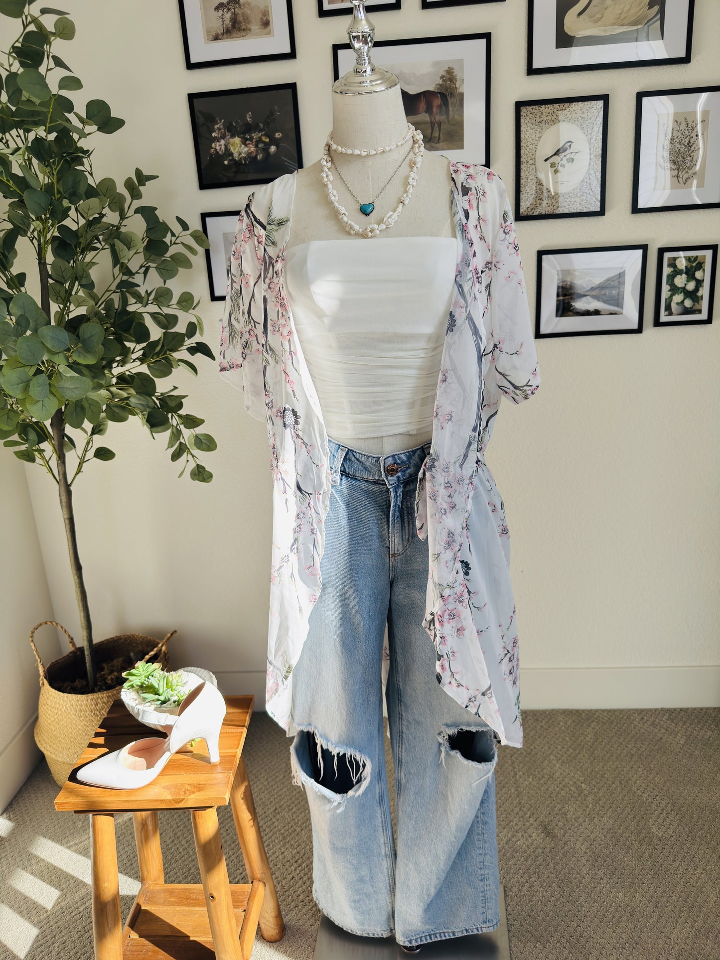 Floral Cherry Blossom Sheer Kimono Cardigan Cover-Up - Size OS