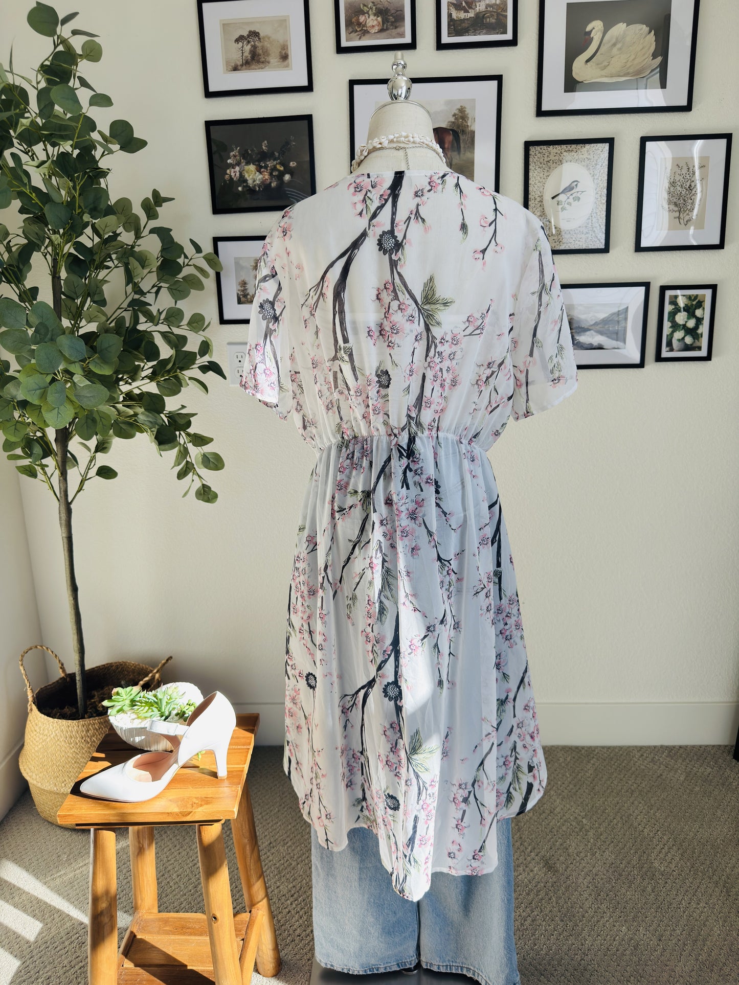 Floral Cherry Blossom Sheer Kimono Cardigan Cover-Up - Size OS