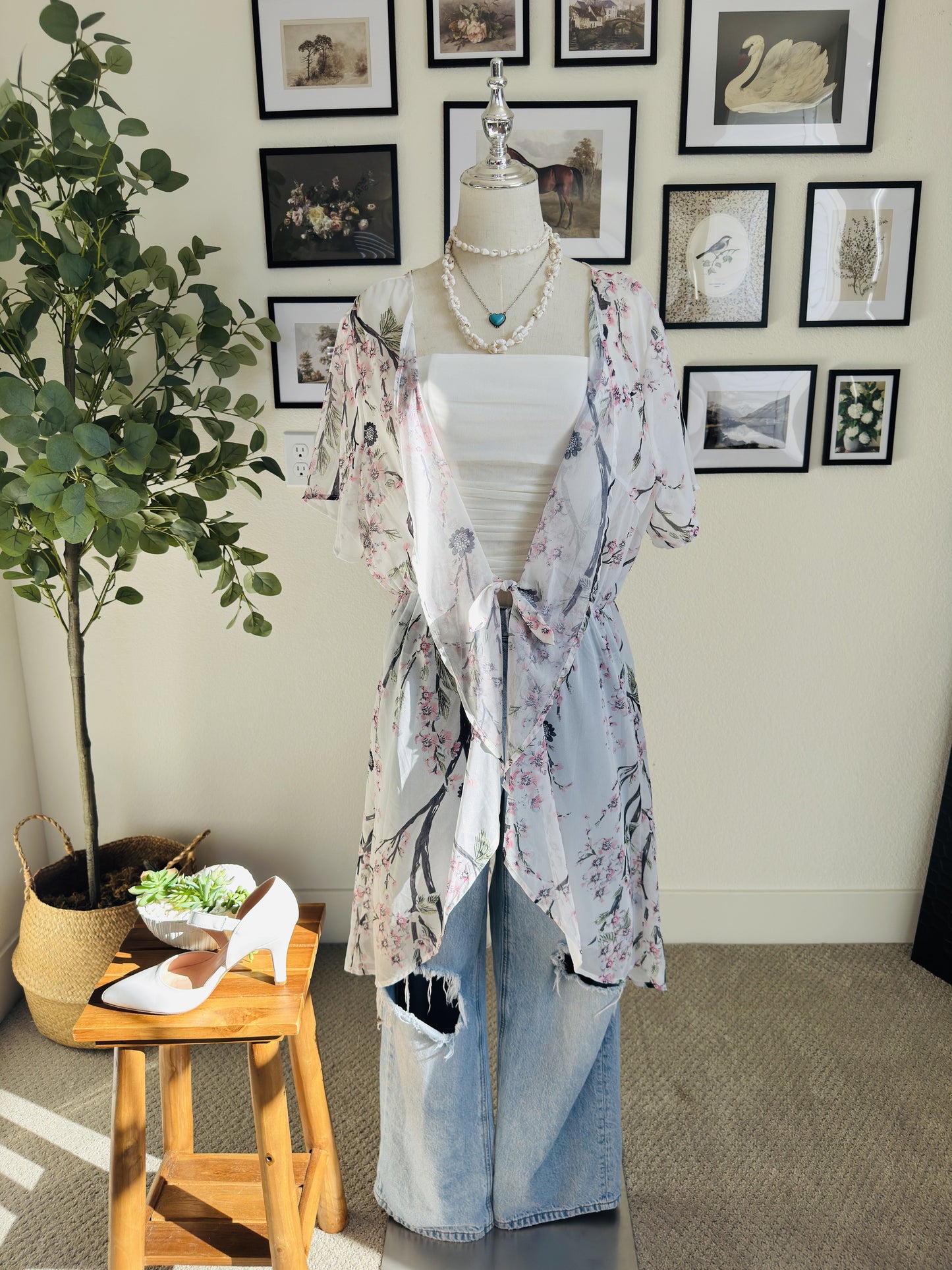 Floral Cherry Blossom Sheer Kimono Cardigan Cover-Up - Size OS