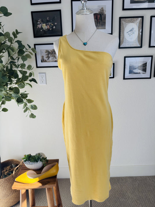 Nine West Yellow One-Shoulder Ribbed Midi Dress - Size XL