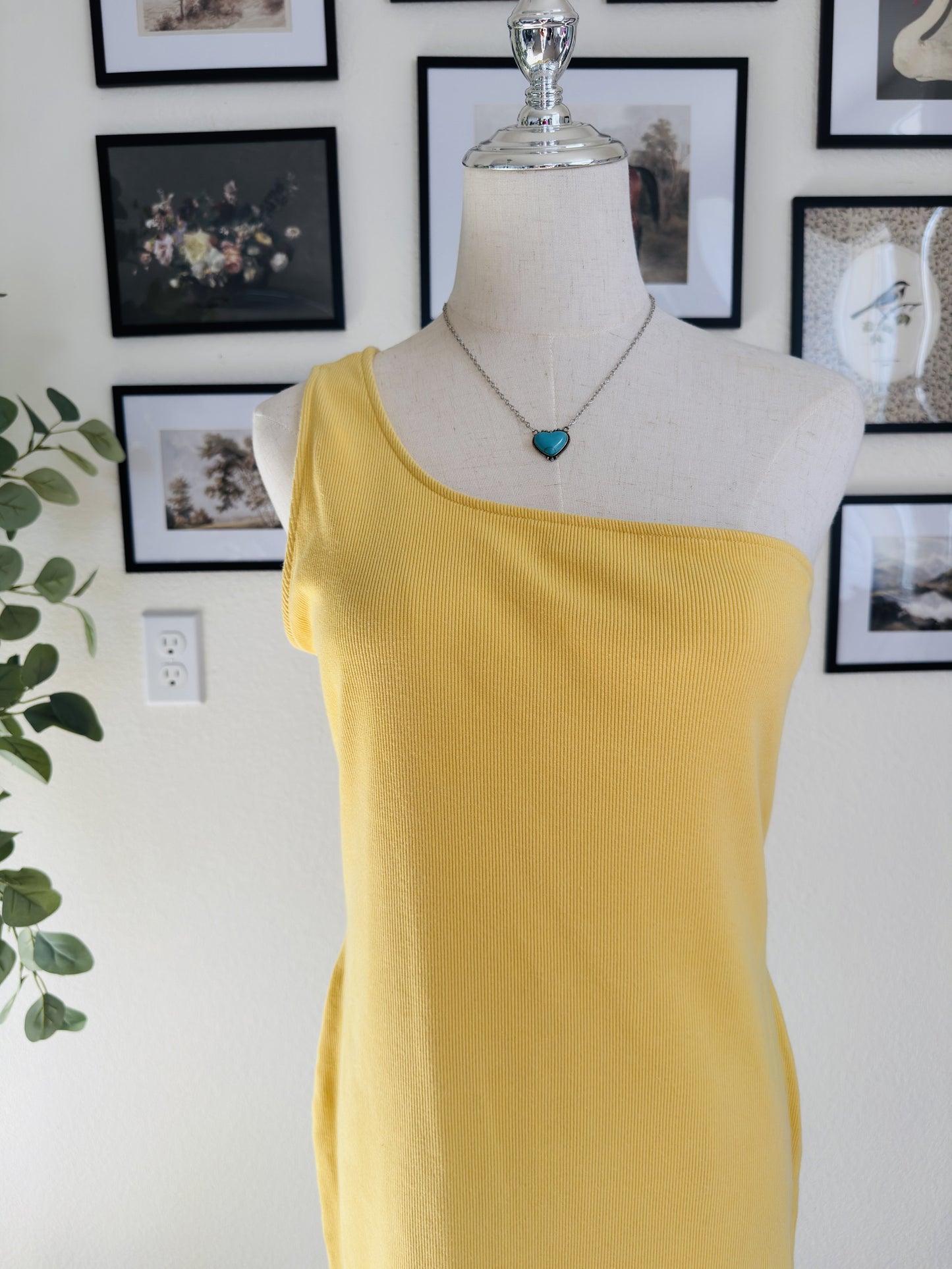 Nine West Yellow One-Shoulder Ribbed Midi Dress - Size XL