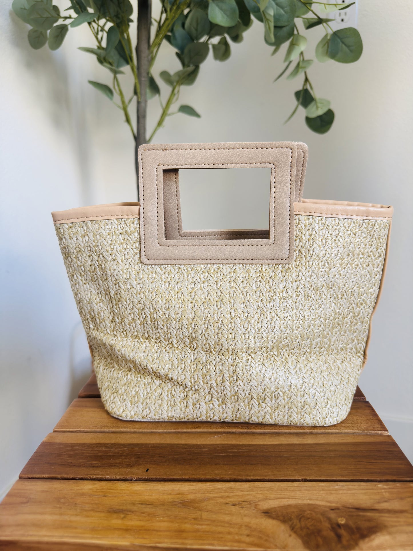 Woven Straw Tote Bag with Faux Leather Handles