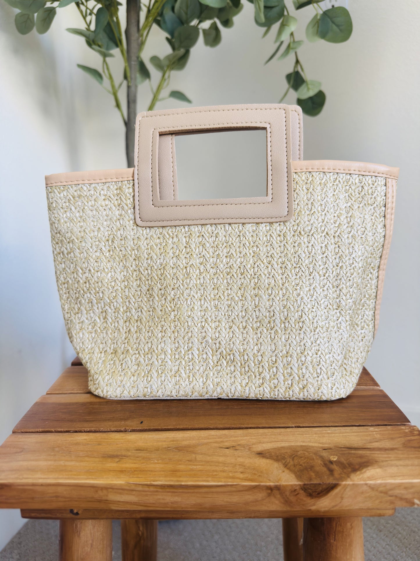 Woven Straw Tote Bag with Faux Leather Handles