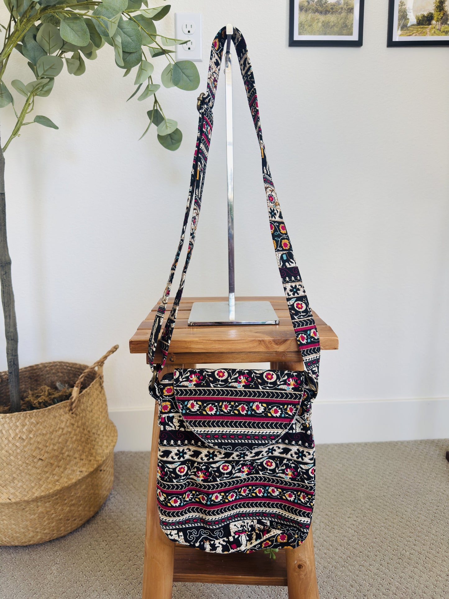 Bohemian Elephant Print Woven Crossbody Bag