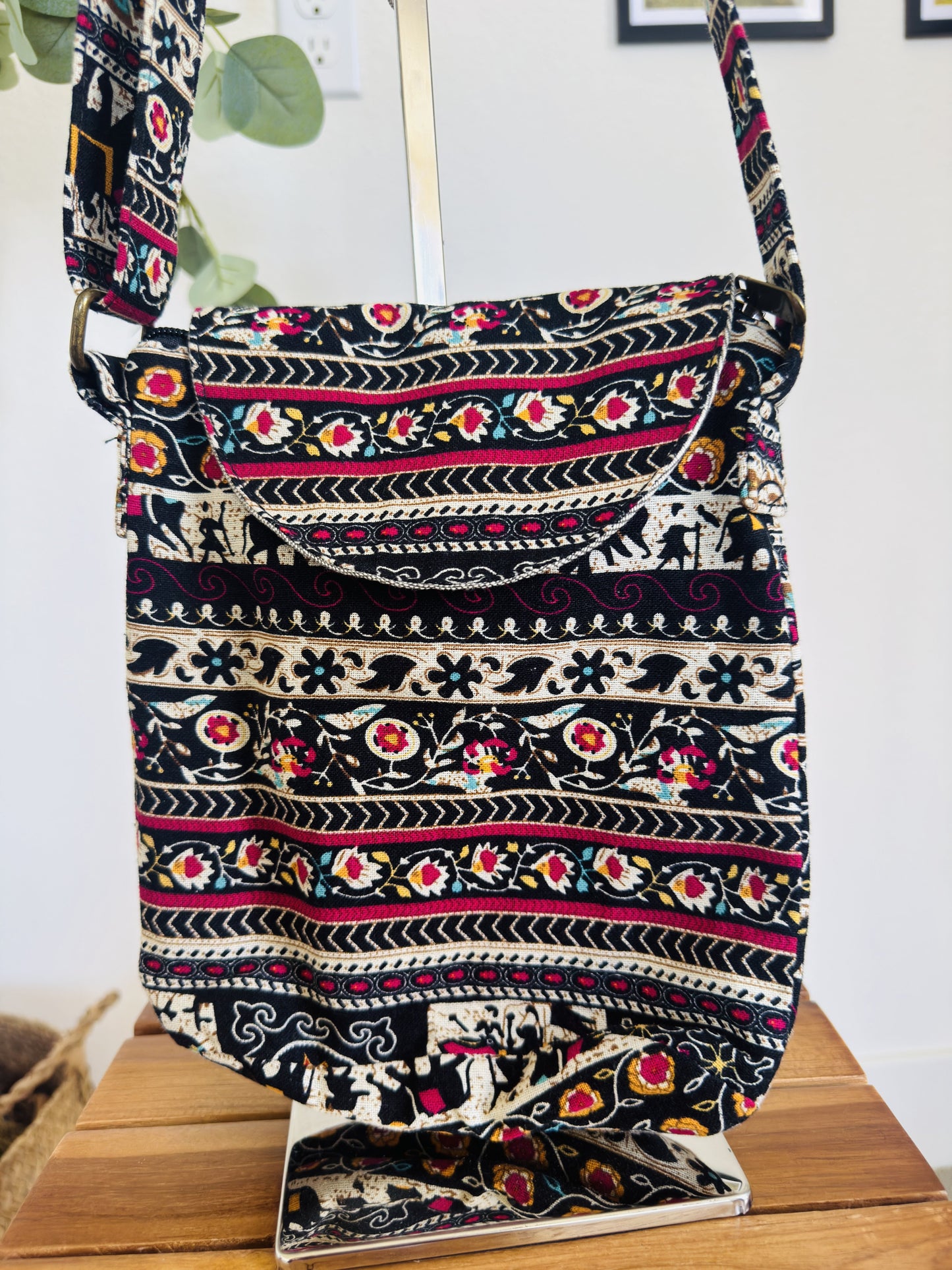 Bohemian Elephant Print Woven Crossbody Bag