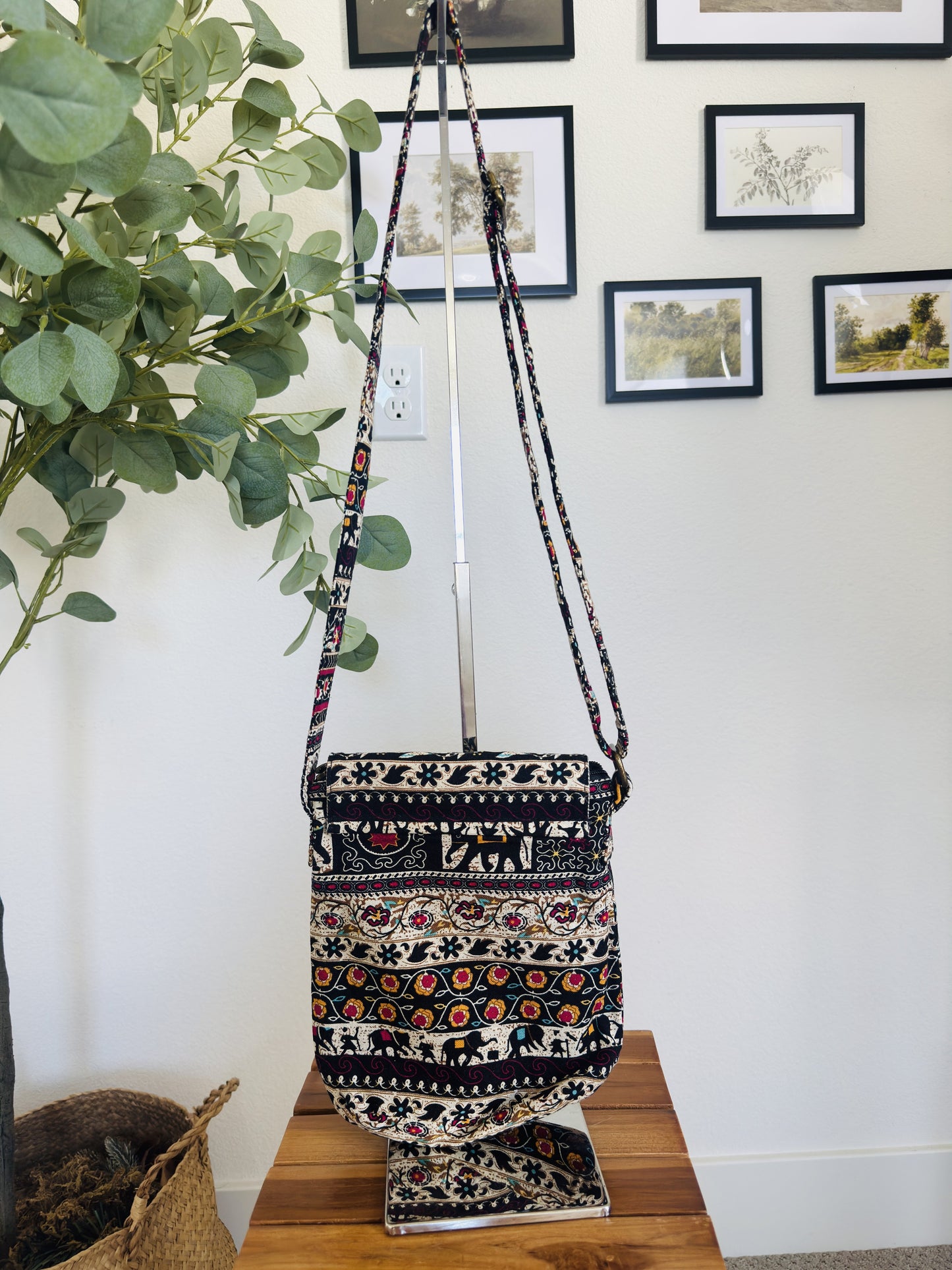 Bohemian Elephant Print Woven Crossbody Bag