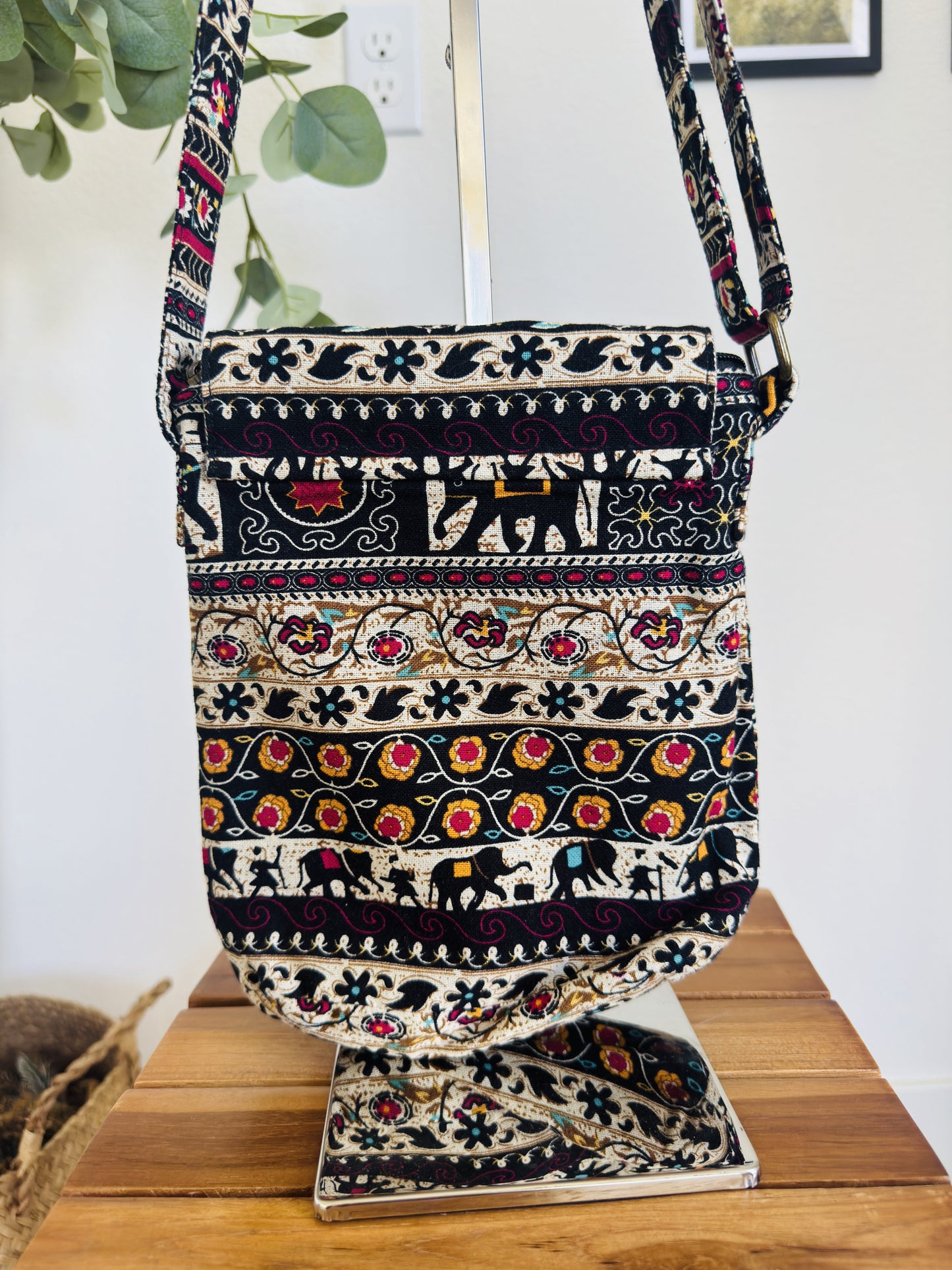 Bohemian Elephant Print Woven Crossbody Bag