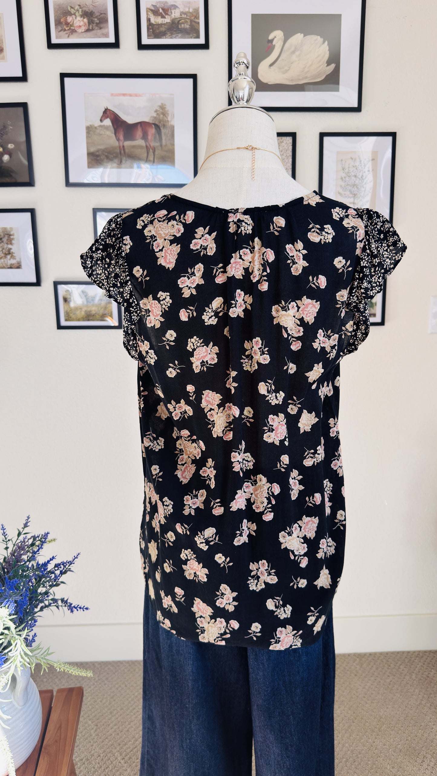 Floral Flutter Sleeve V-Neck Blouse - Size M