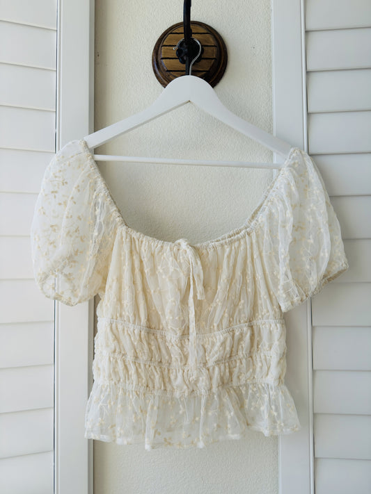 Japna Cream Floral Embroidered Mesh Smocked Peplum Top - Size L